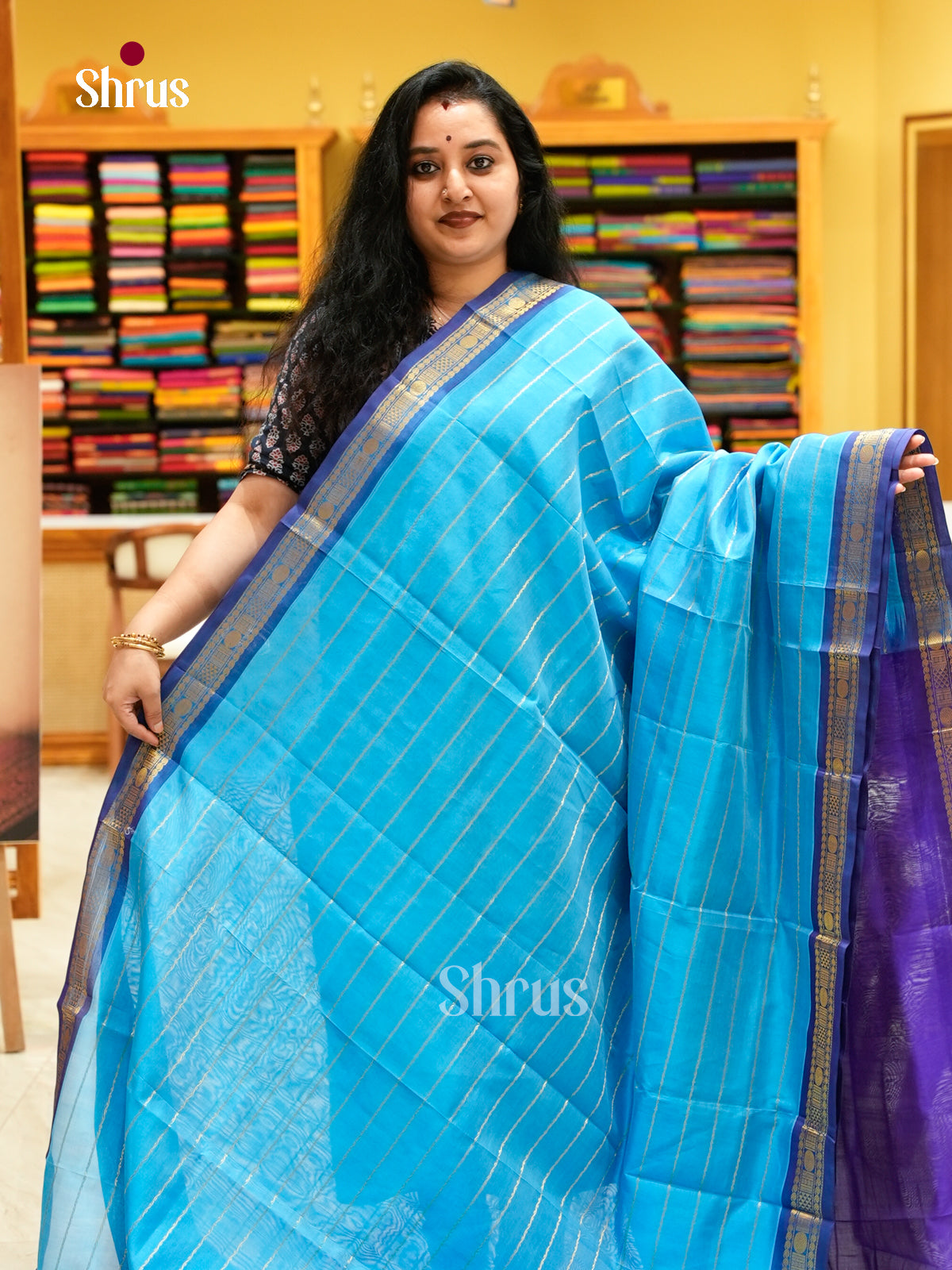 Sky Blue Silk Cotton Saree with Stripes | Violet Contrast Border
