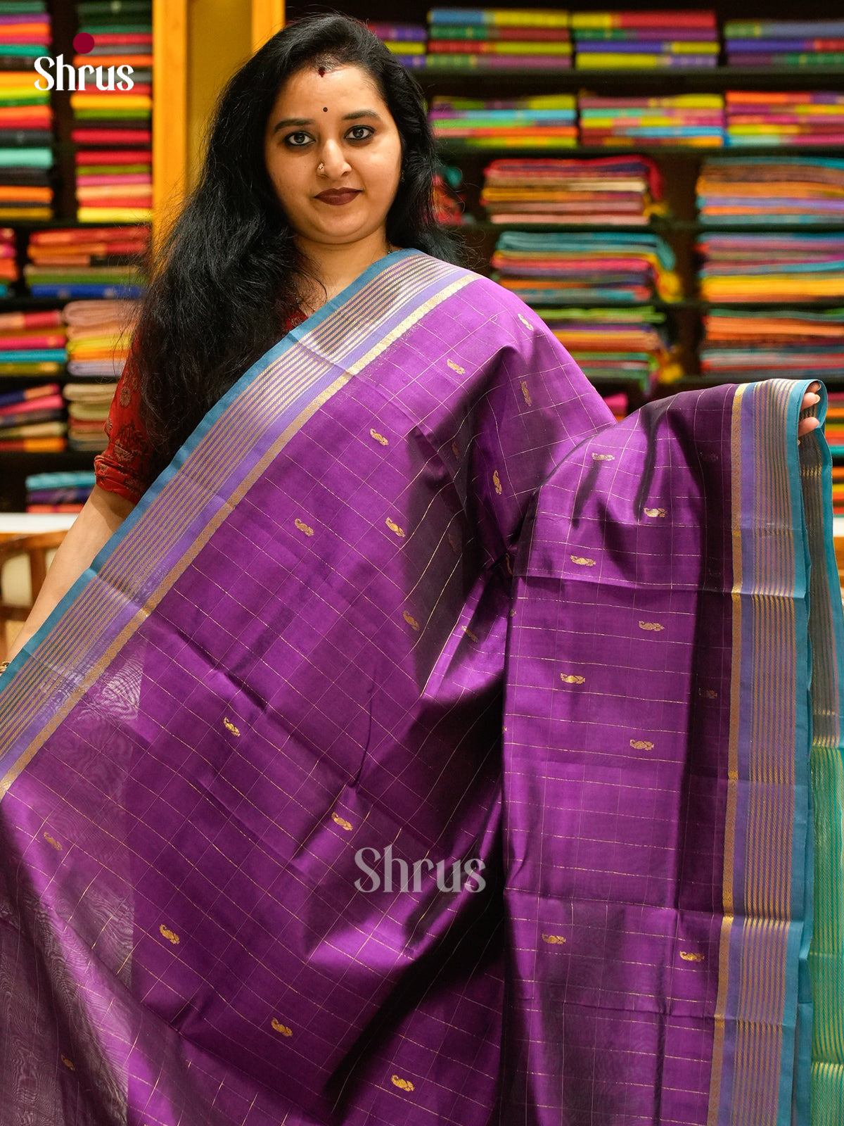 Magenta Silk Cotton Saree with Checks | Turquoise Contrast Border