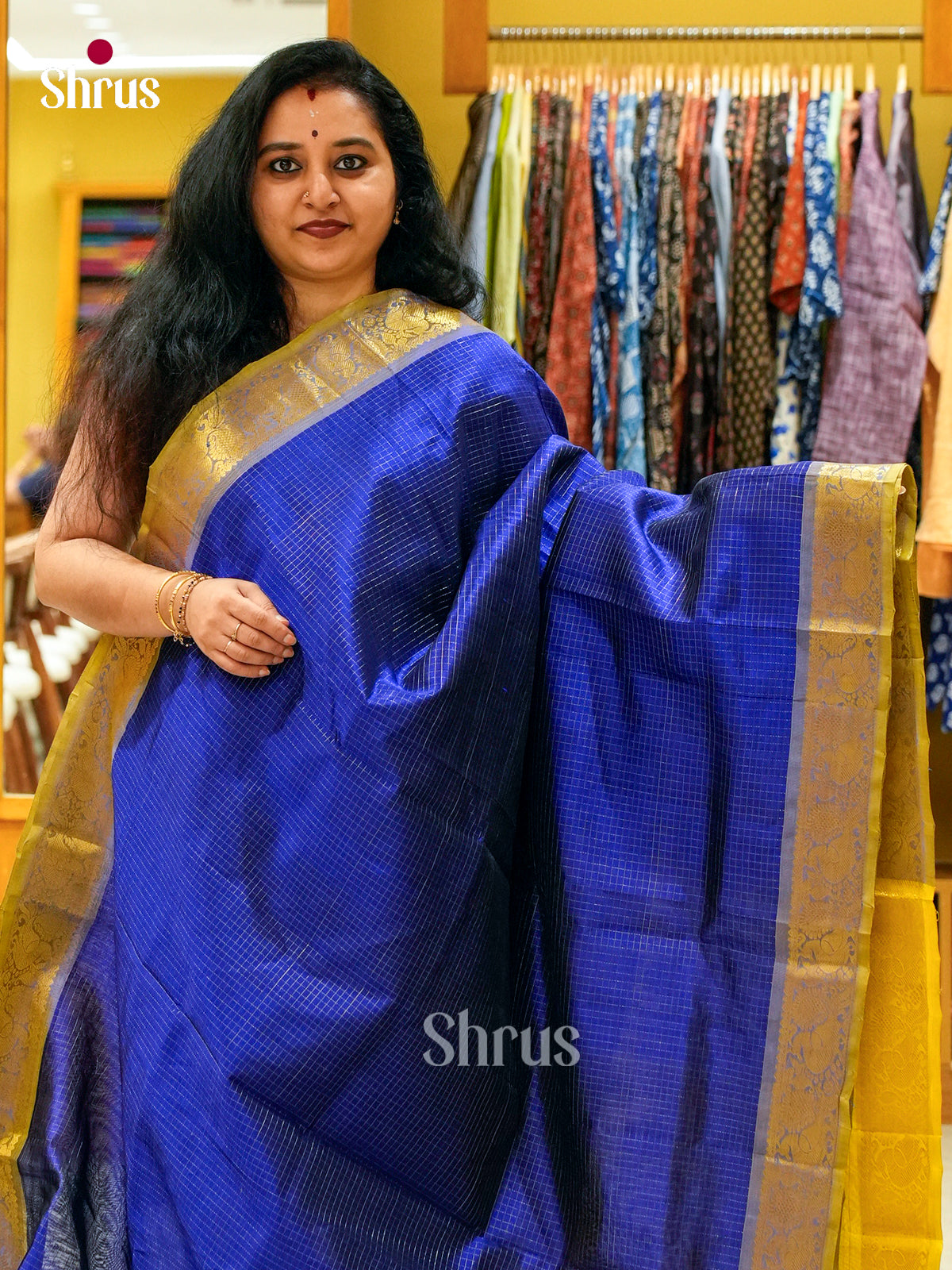Blue Silk Cotton Saree with Checks | Olive Green Contrast Border
