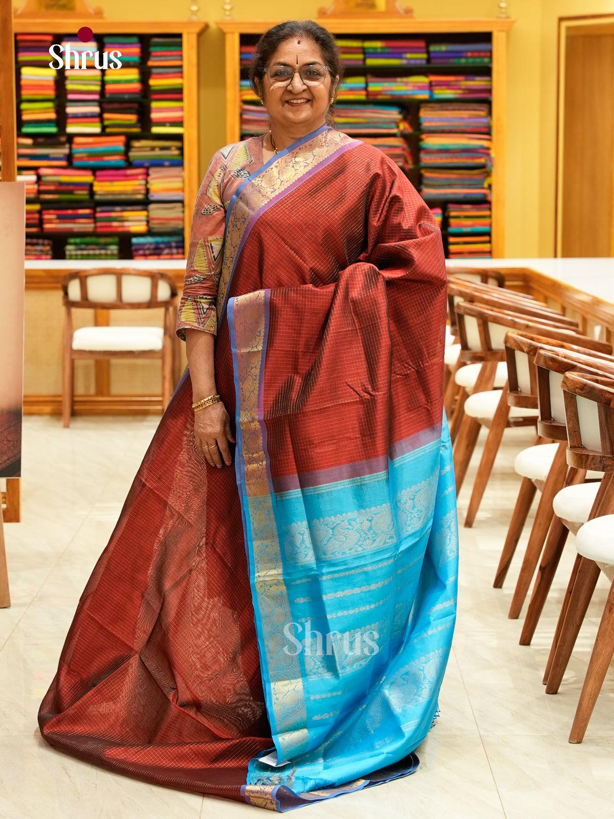 Maroon Silk Cotton Saree with Checks | Sky Blue Contrast Border