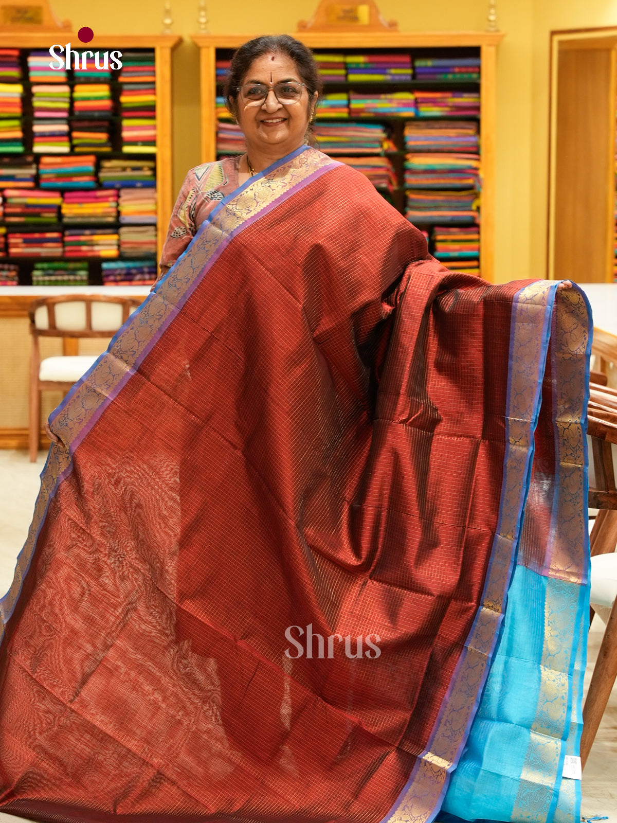 Maroon Silk Cotton Saree with Checks | Sky Blue Contrast Border