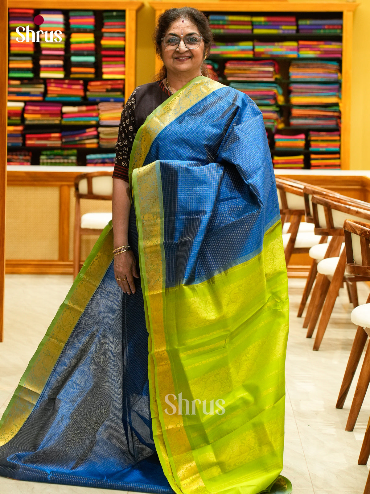 Teal Blue Silk Cotton Saree with Checks and Floral Buttas | Green Contrast Border