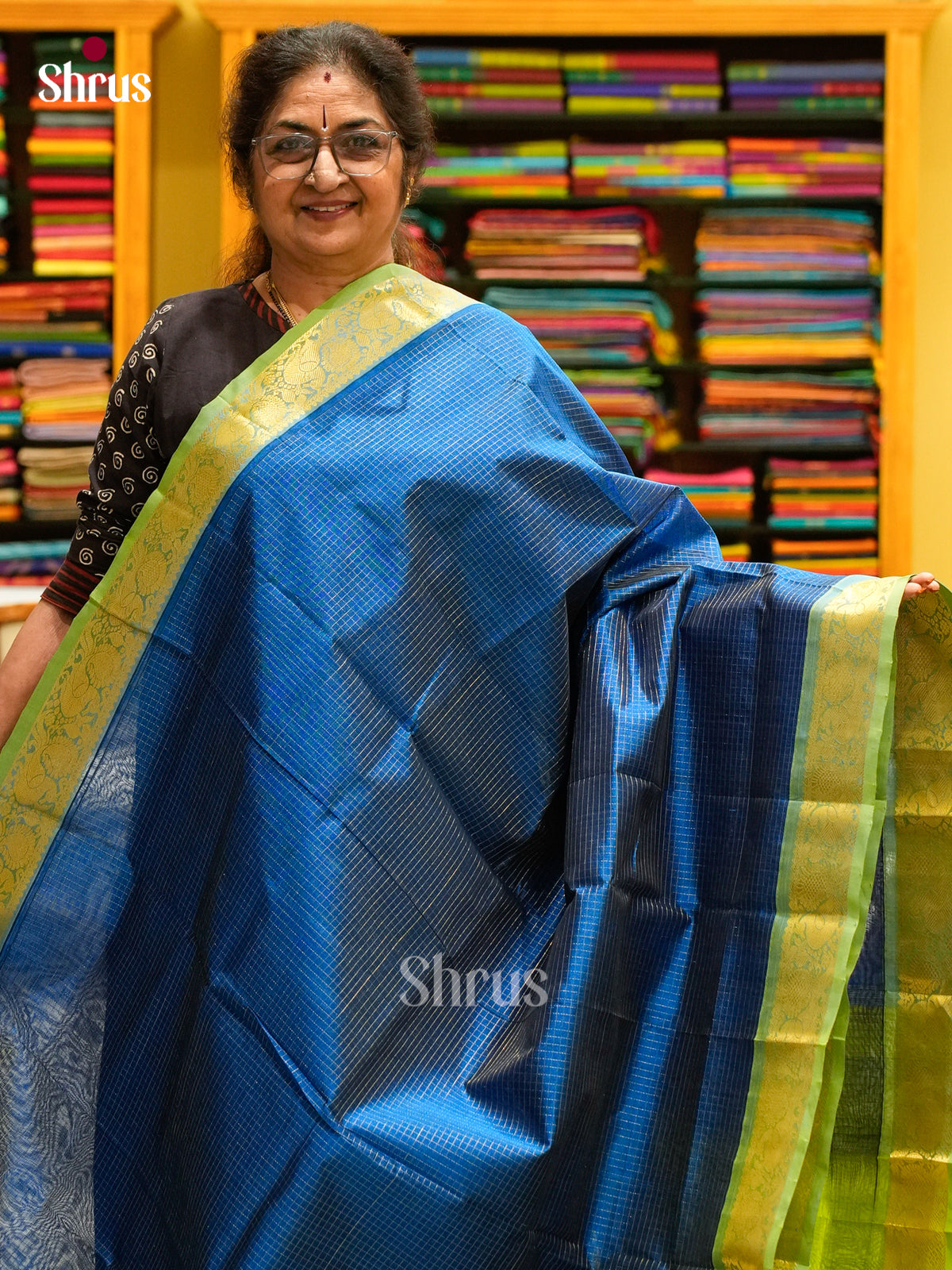 Teal Blue Silk Cotton Saree with Checks and Floral Buttas | Green Contrast Border