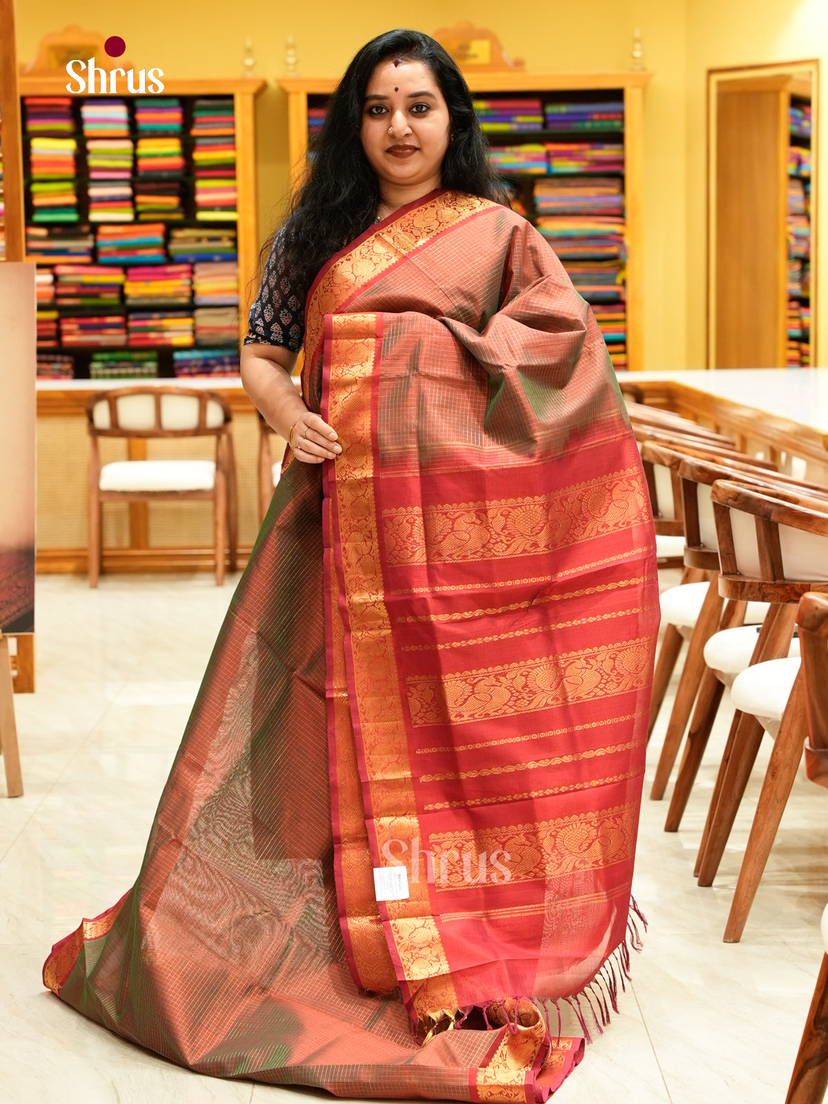 Dual Tone [Color] Silk Cotton Saree with Checks | Red Contrast Border