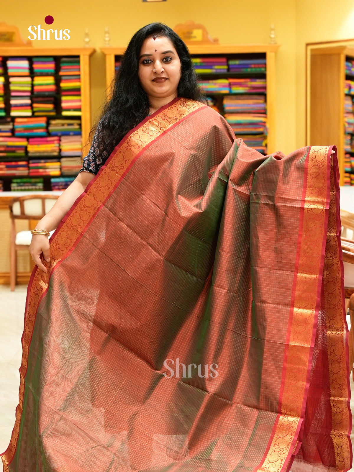 Dual Tone [Color] Silk Cotton Saree with Checks | Red Contrast Border
