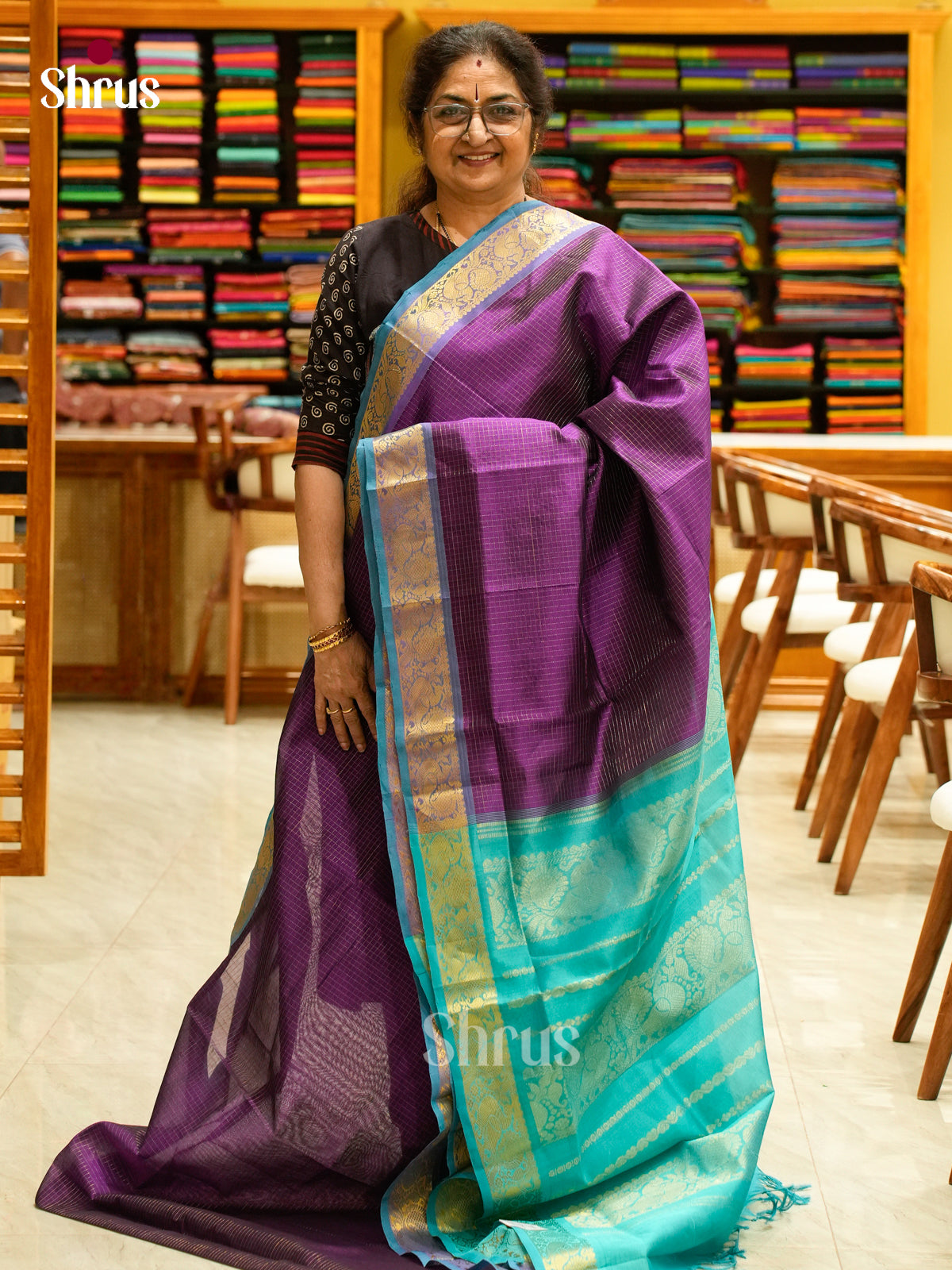 Purple Silk Cotton Saree with Checks with Buttas | Turquoise Contrast Border - Shop on Shrus.com