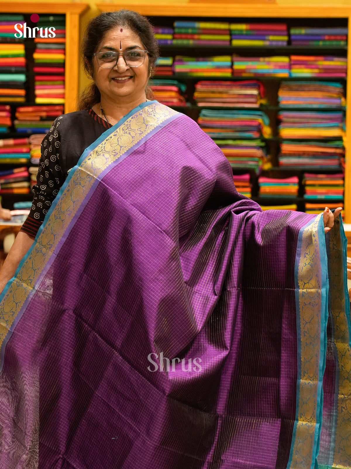 Purple Silk Cotton Saree with Checks with Buttas | Turquoise Contrast Border - Shop on Shrus.com