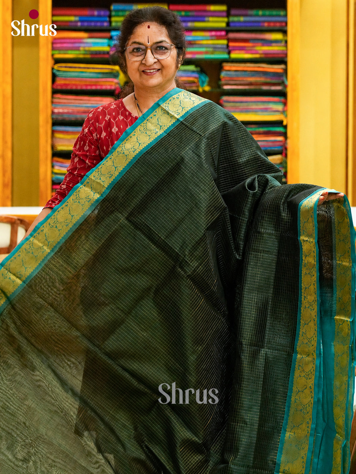 Dark Green Silk Cotton Saree with Checks | Turquoise Contrast Border — Contrast Zari Border