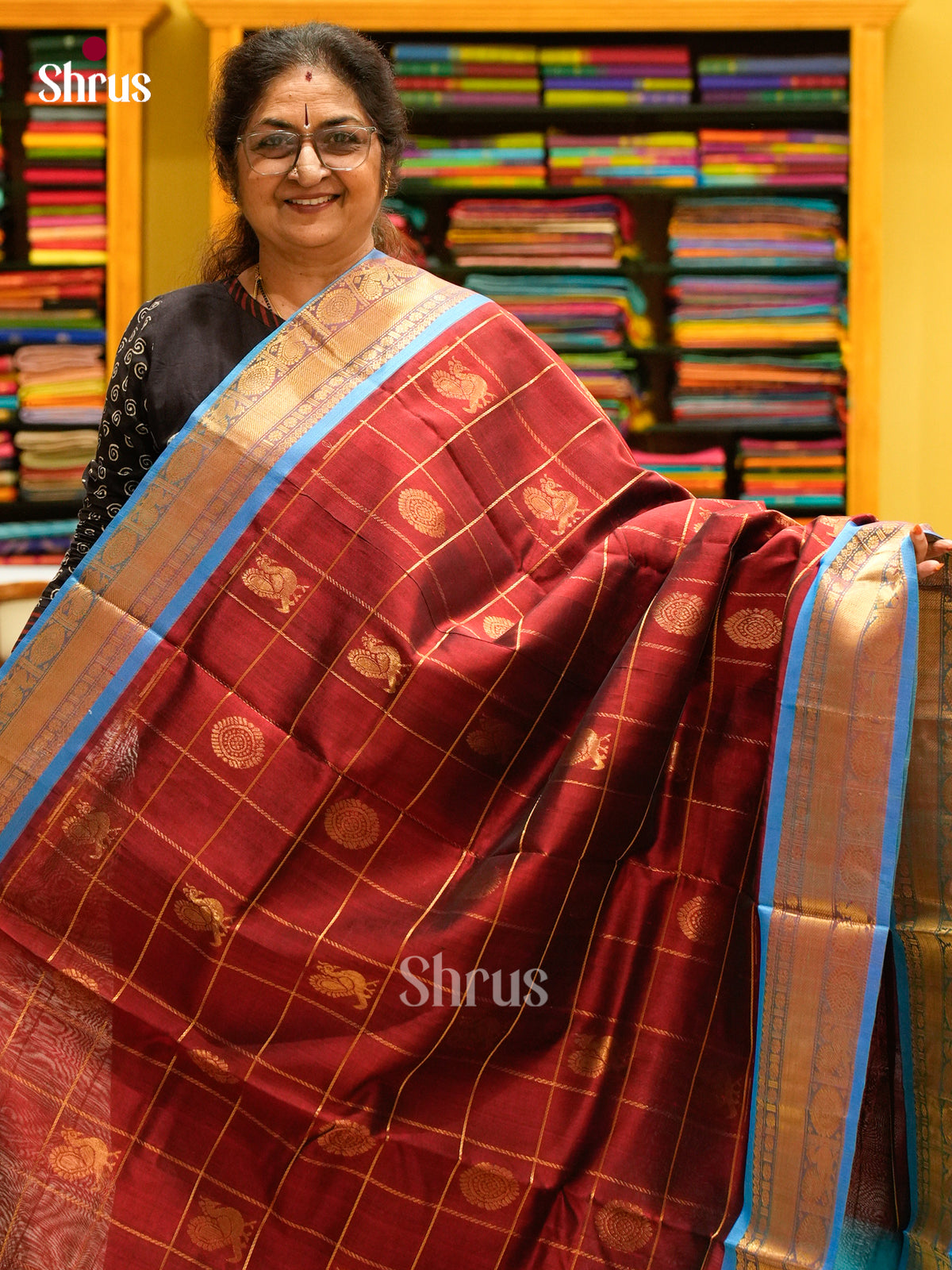 Maroon Silk Cotton Saree with Peacock Buttas | Sky Blue Contrast Border - Shop on Shrus.com