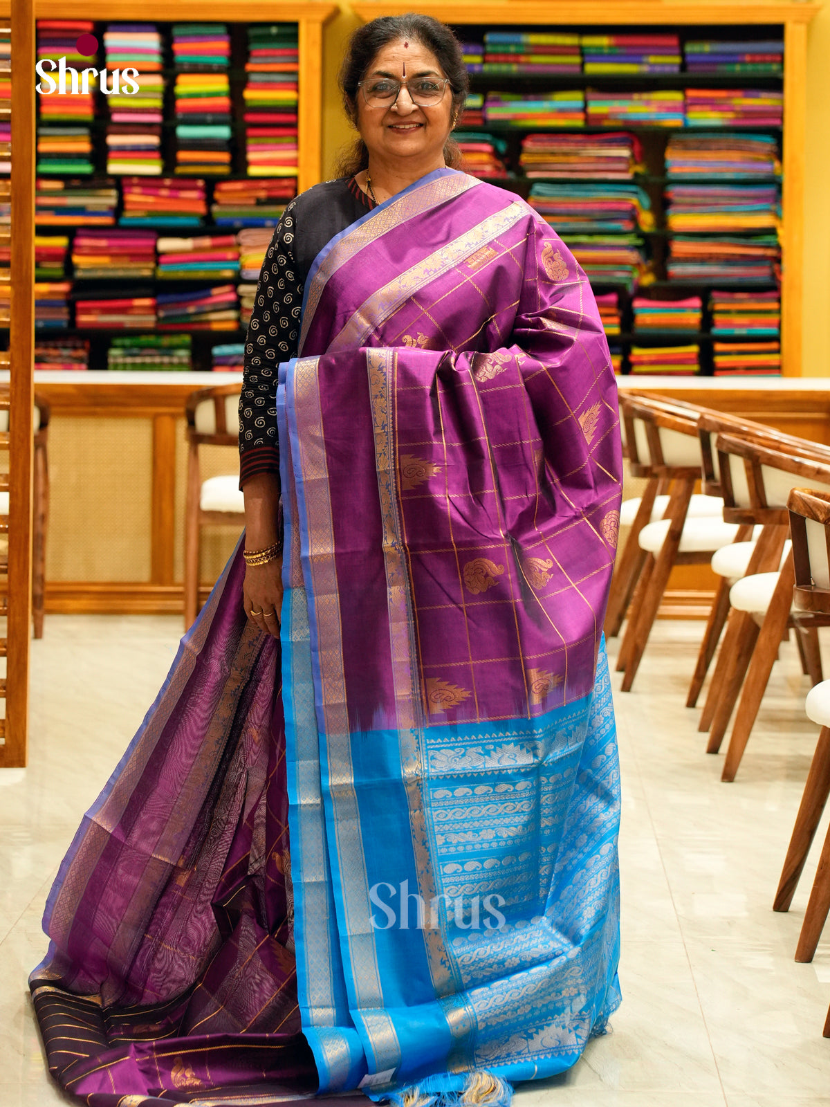 Magenta Silk Cotton Saree with Peacock Buttas | Sky Blue Contrast Border - Shop on Shrus.com