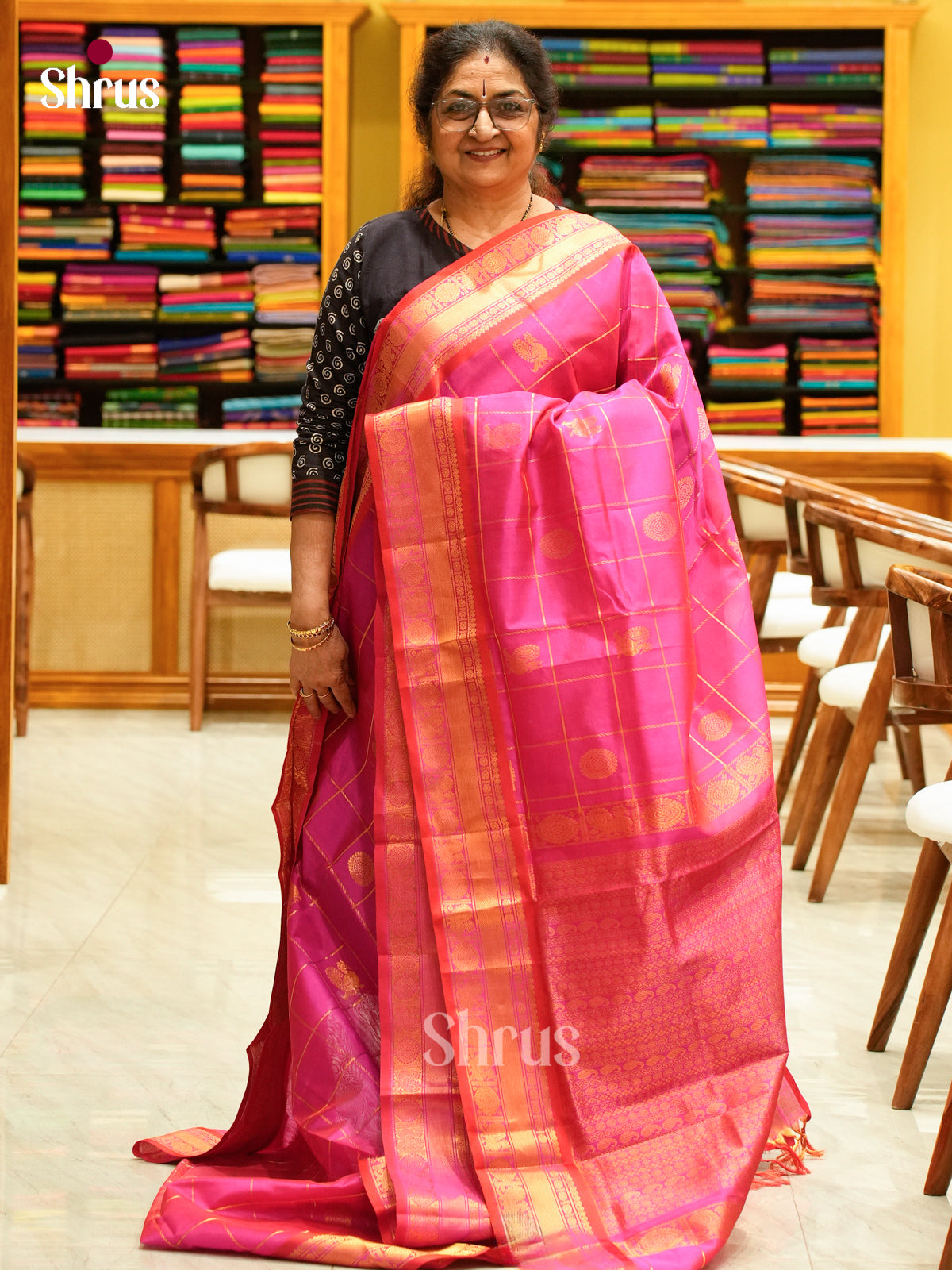 Pink Silk Cotton Saree with Peacock Buttas | Red Contrast Border