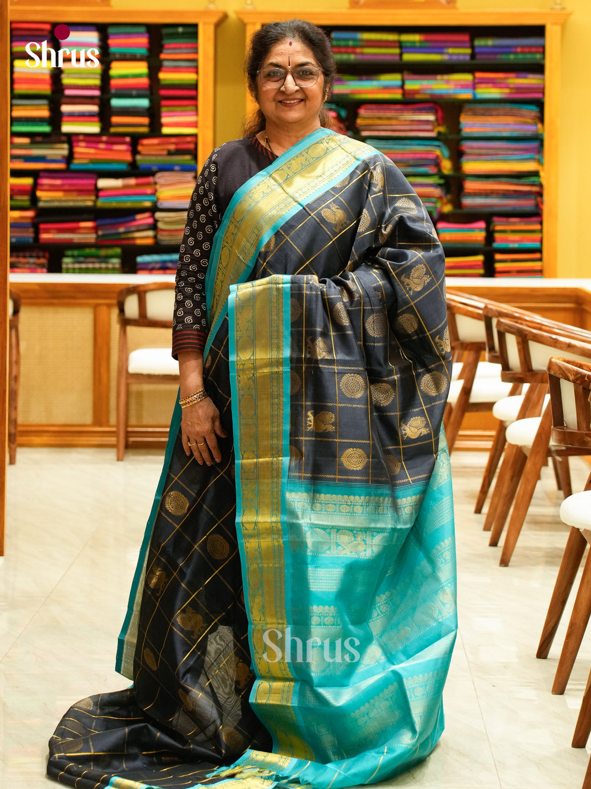 Elephant Grey Silk Cotton Saree with Stripes with Buttas and Peacock Buttas | Turquoise Contrast Border - Shop on Shrus.com