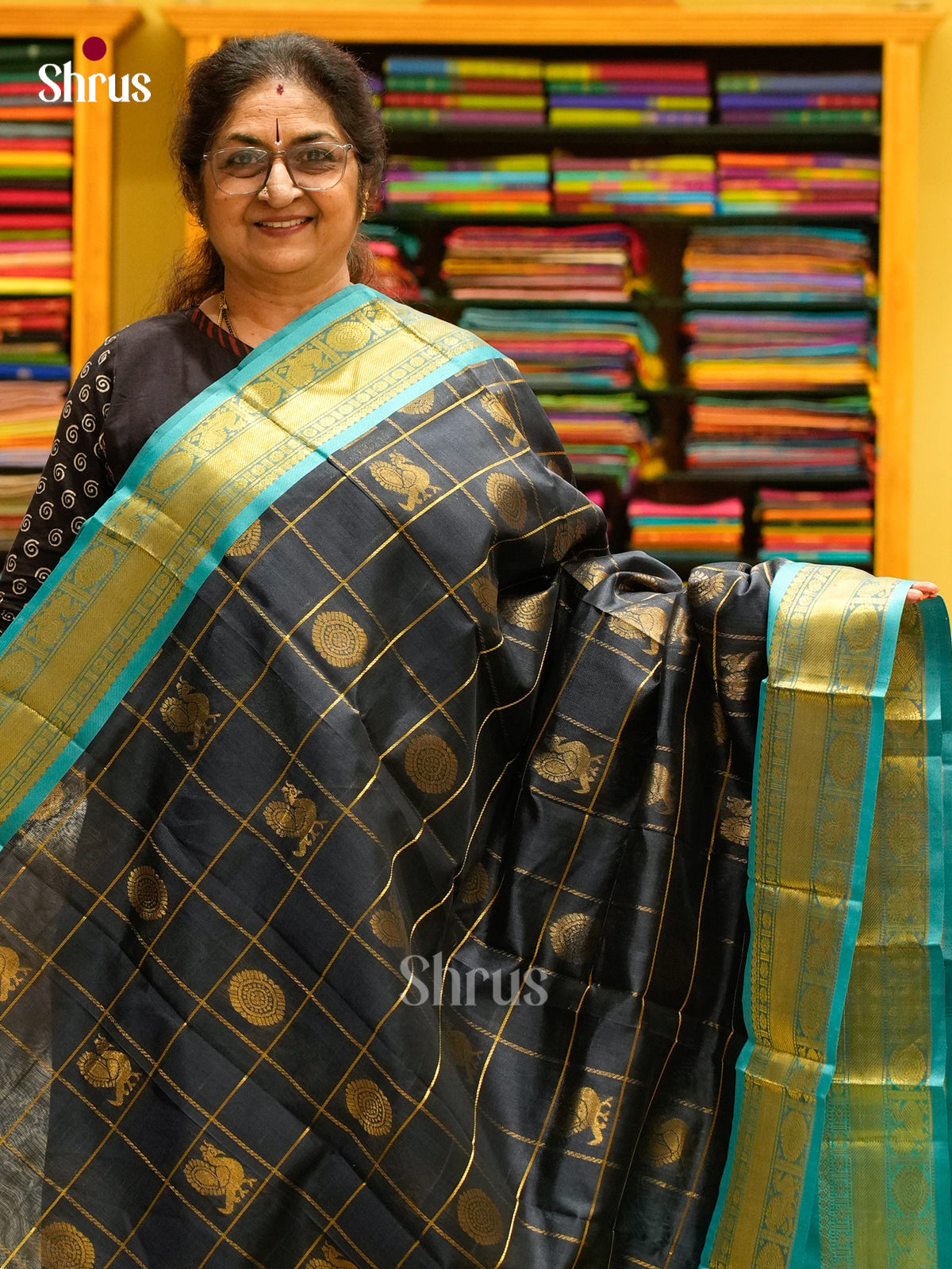 Elephant Grey Silk Cotton Saree with Stripes with Buttas and Peacock Buttas | Turquoise Contrast Border - Shop on Shrus.com