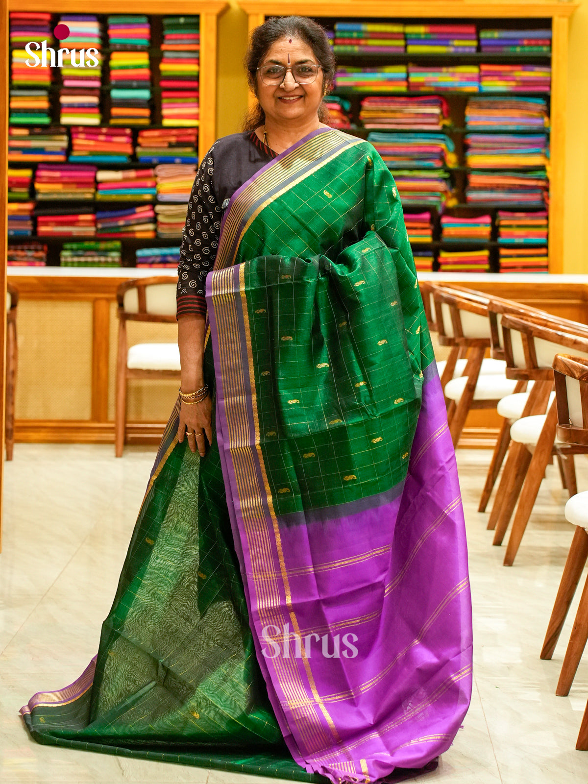 Dark Green Silk Cotton Saree with Mango / Paisley Buttas | Violet Contrast Border - Shop on Shrus.com