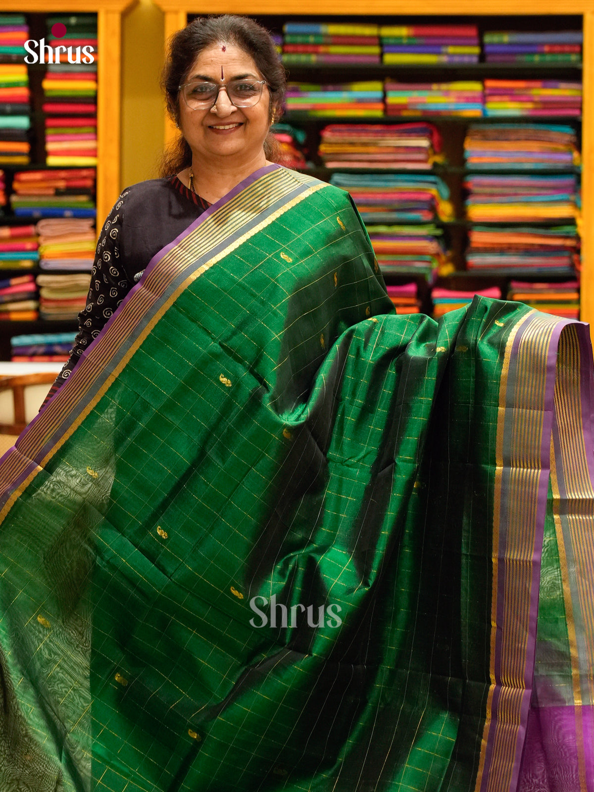 Dark Green Silk Cotton Saree with Mango / Paisley Buttas | Violet Contrast Border - Shop on Shrus.com