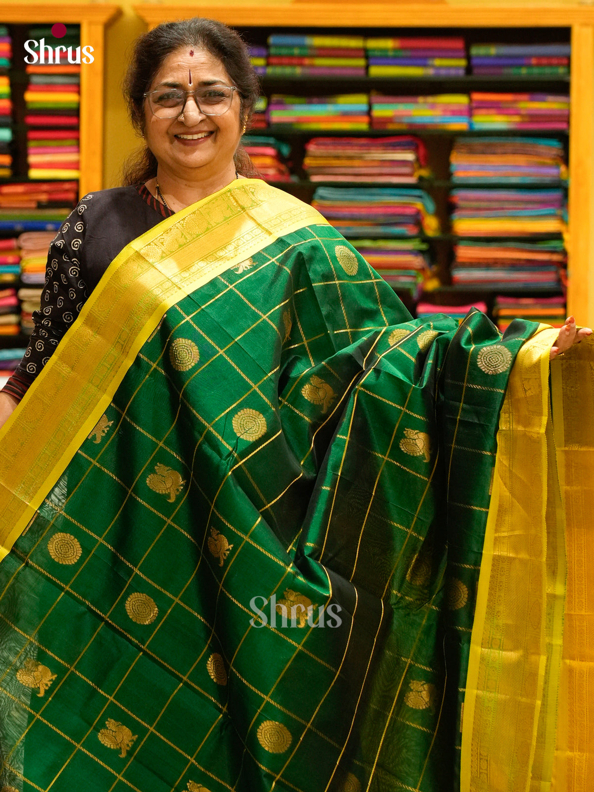 Dark Green Silk Cotton Saree with Checks with Buttas and Coin Buttas | Olive Green Contrast Border - Shop on Shrus.com