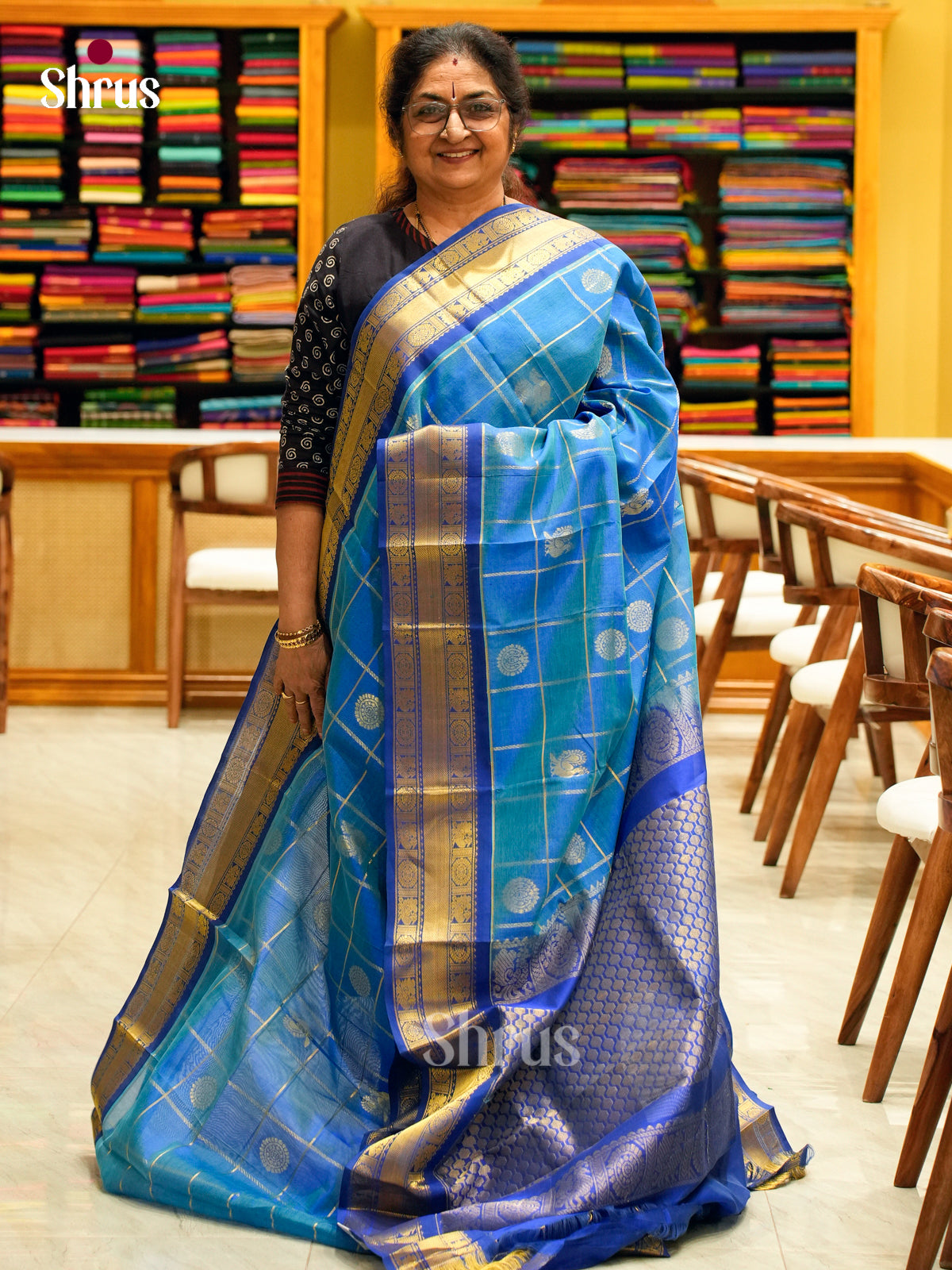 Peacock Blue Silk Cotton Saree with Coin Buttas | Blue Contrast Border - Shop on Shrus.com