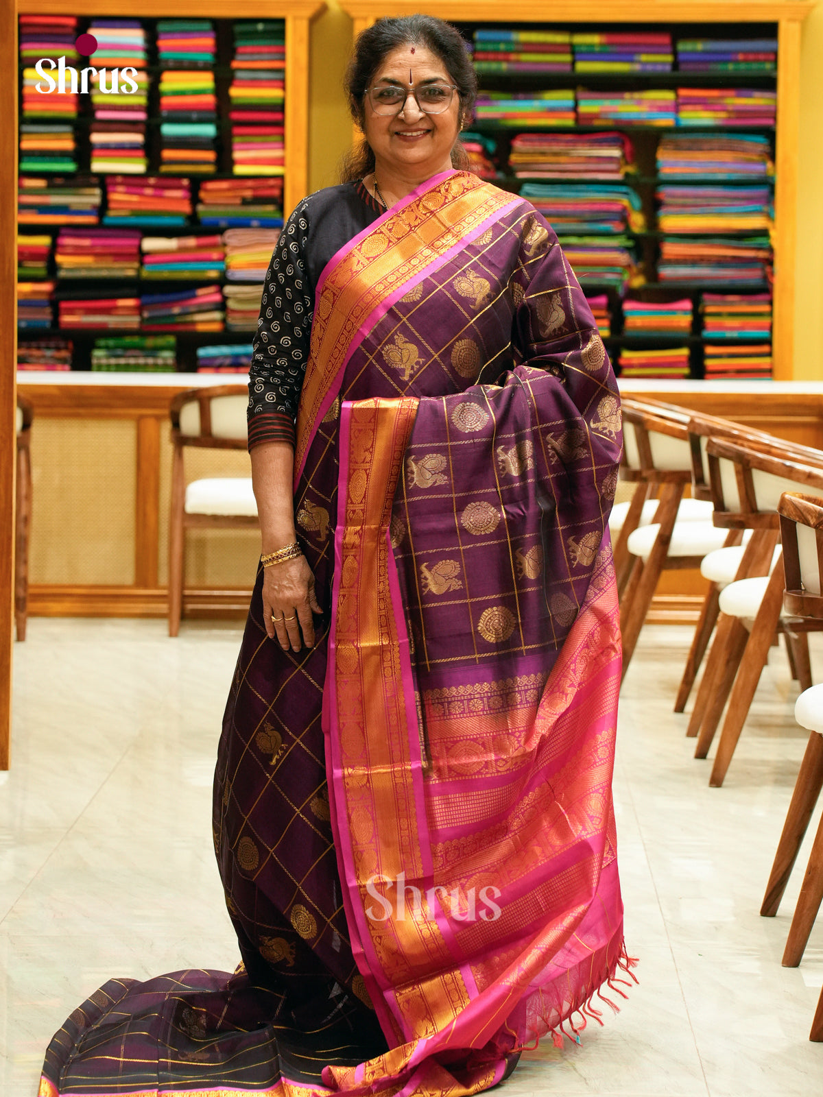 Wine Silk Cotton Saree with Peacock Buttas | Pink Contrast Border