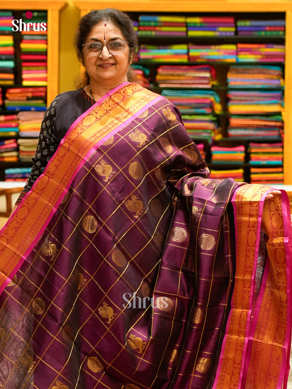Wine Silk Cotton Saree with Peacock Buttas | Pink Contrast Border