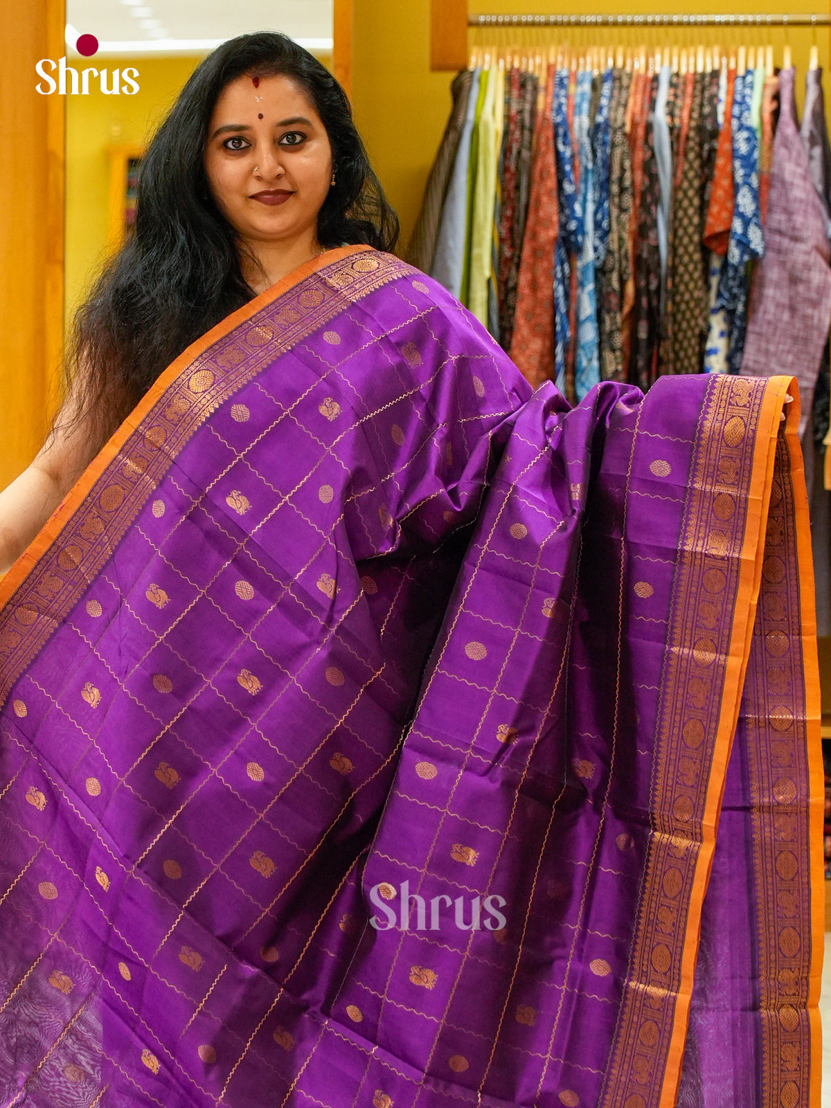 Magenta Silk Cotton Saree with Checks and Peacock Buttas
