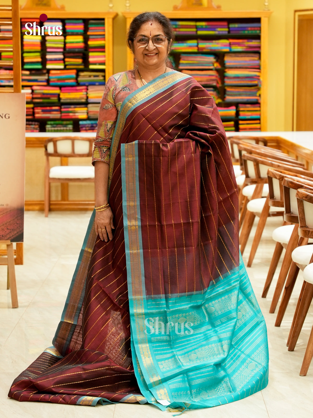 Brown Silk Cotton Saree with Stripes | Turquoise Contrast Border