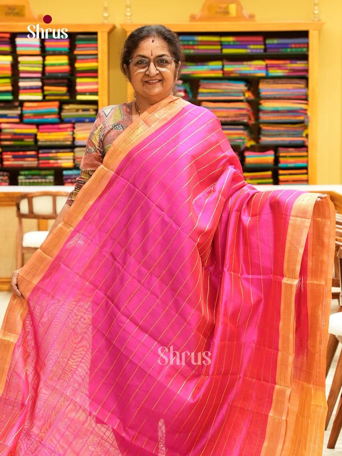 Pink Silk Cotton Saree with Stripes | Peach Contrast Border