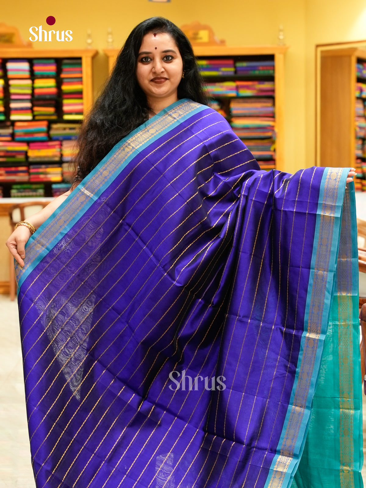 Royal Blue Silk Cotton Saree with Stripes | Turquoise Contrast Border