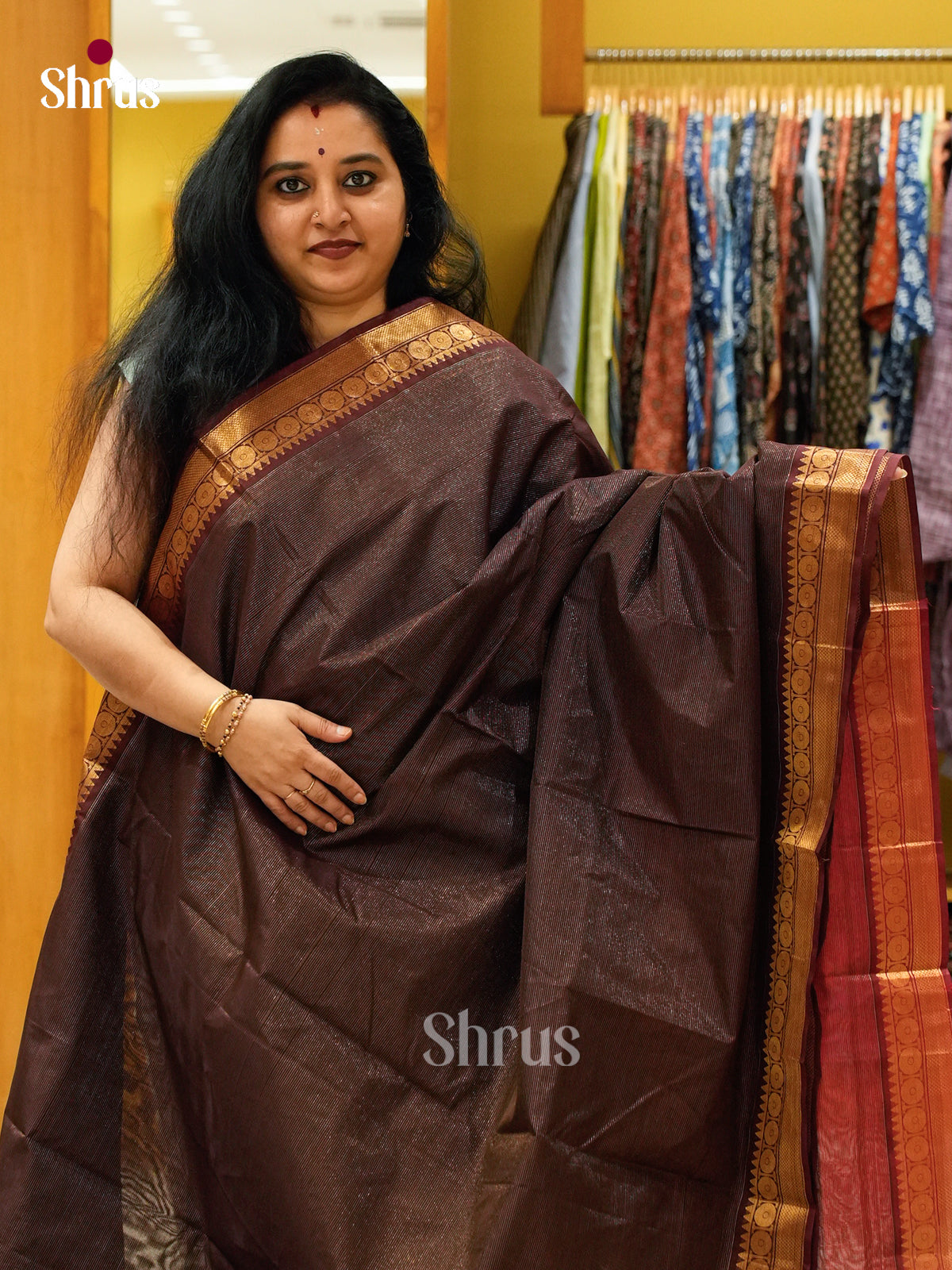Dark Brown Silk Cotton Saree with Lines and Vaira Oosi | Dark Maroon Contrast Border