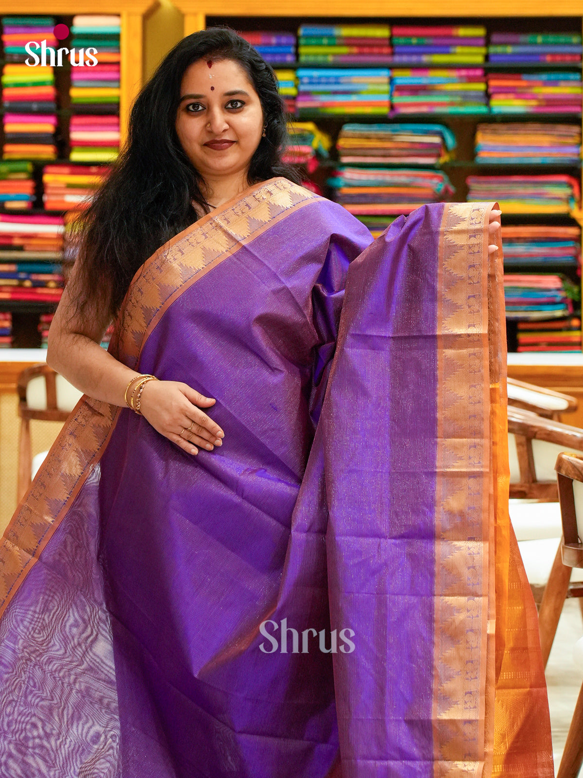 Violet Silk Cotton Saree with Lines and Vaira Oosi | Mustard Contrast Border