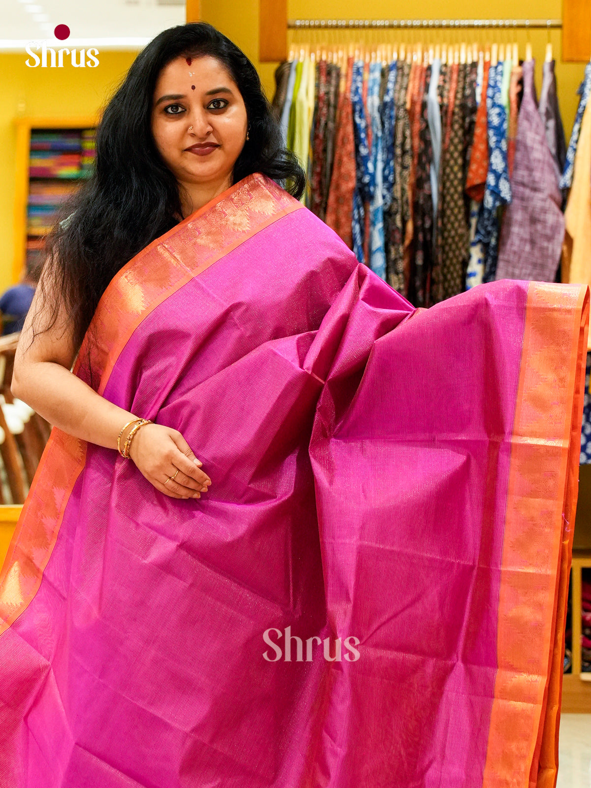 Baby Pink Silk Cotton Saree with Lines and Vaira Oosi | Mustard Contrast Border