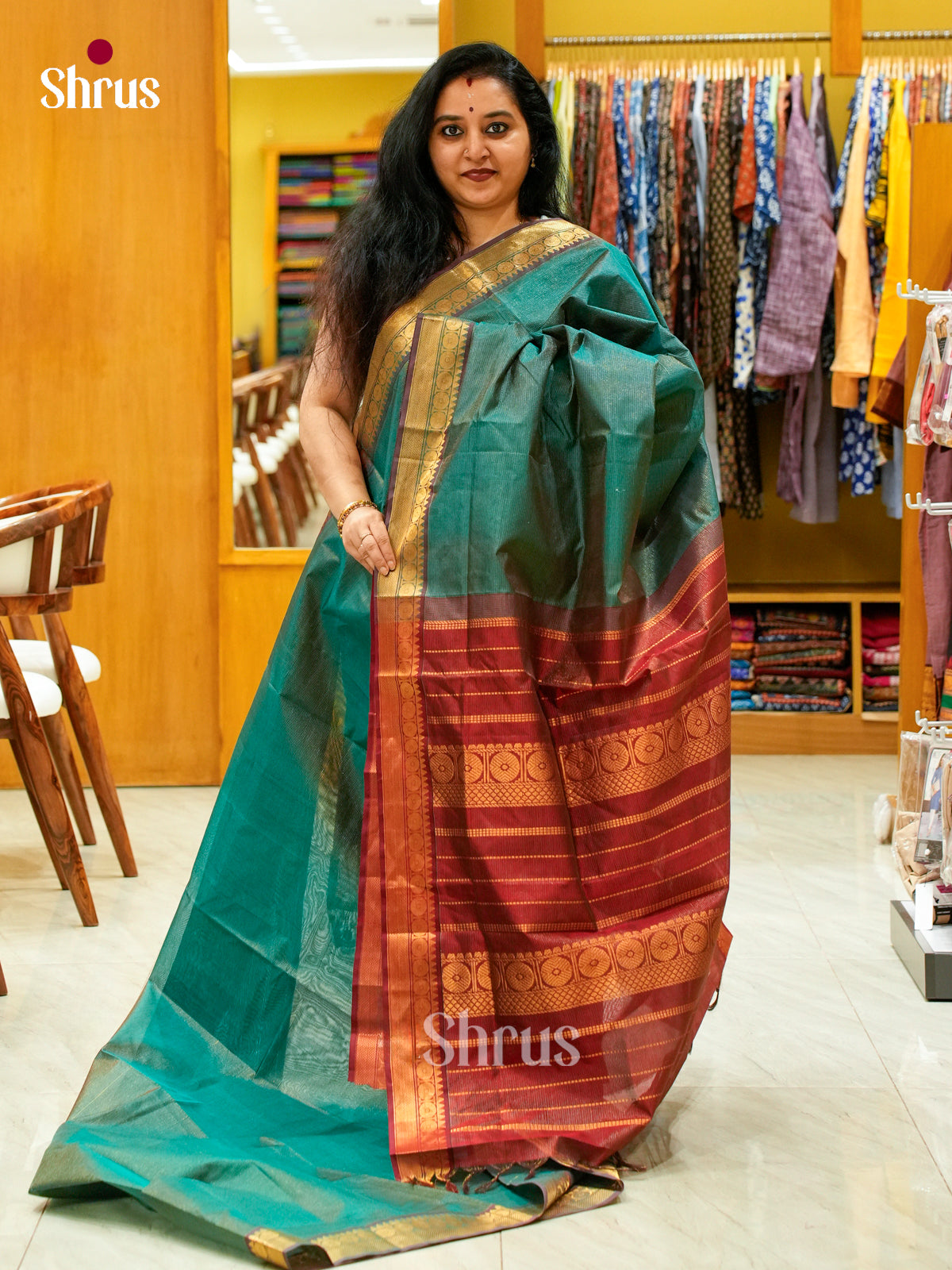 Dark Green Silk Cotton Saree with Lines and Vaira Oosi | Maroon Contrast Border