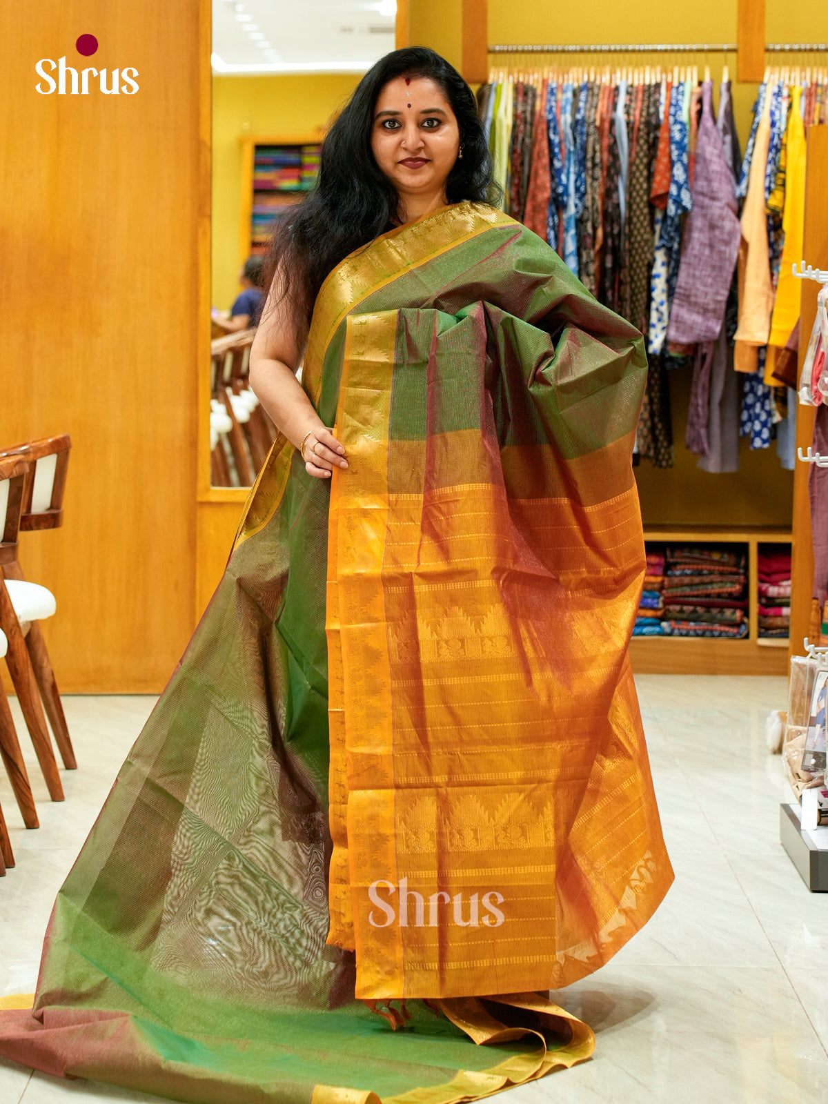 Dual Tone [Color] Silk Cotton Saree with Lines and Vaira oosi | Mustard Contrast Border — EFS30178