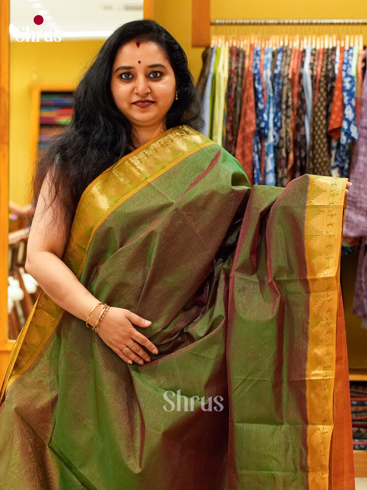 Dual Tone [Color] Silk Cotton Saree with Lines and Vaira oosi | Mustard Contrast Border — EFS30178
