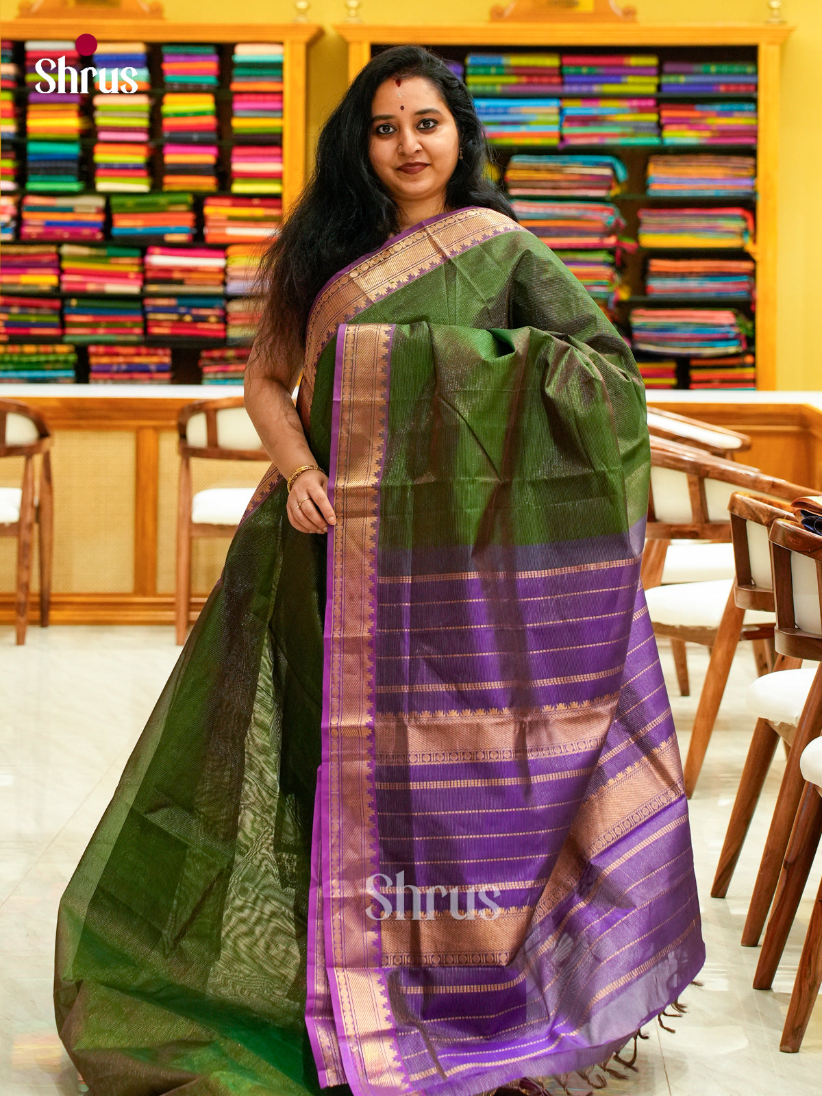 Dark Green Silk Cotton Saree with Lines and Vaira Oosi | Violet Contrast Border
