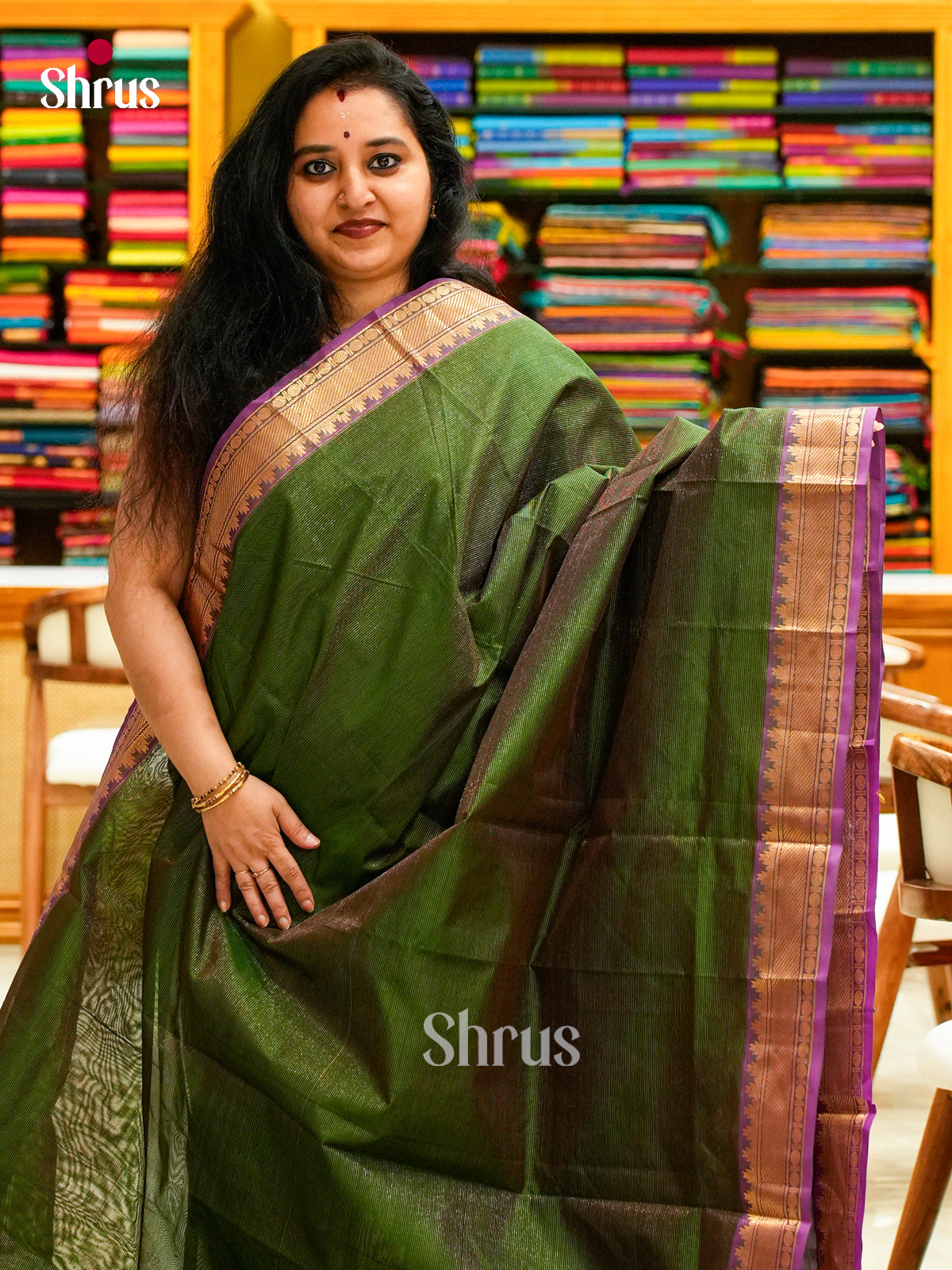 Dark Green Silk Cotton Saree with Lines and Vaira Oosi | Violet Contrast Border