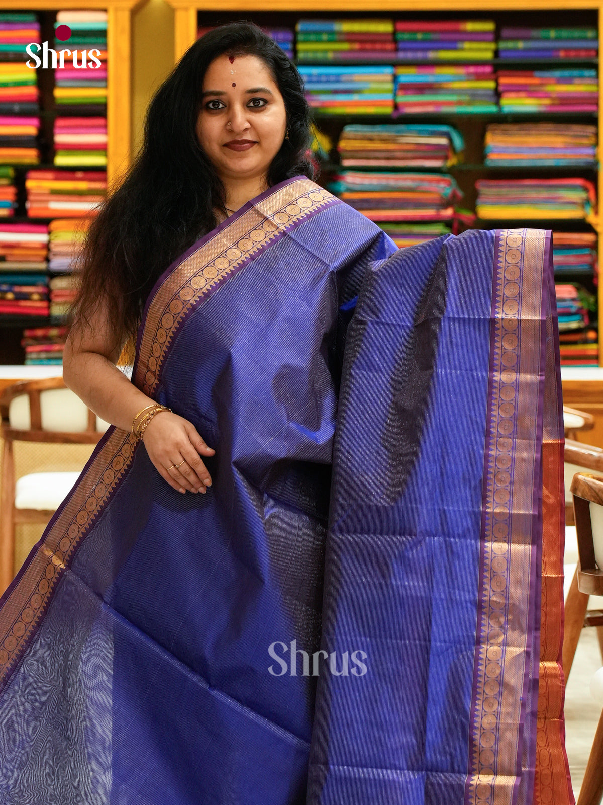 Blue Silk Cotton Saree with Lines and Vaira Oosi | Maroon Contrast Border