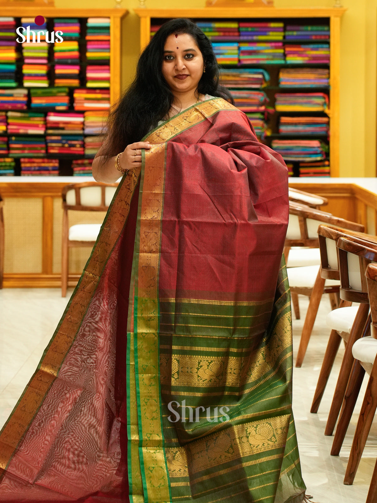 Dark Maroon Silk Cotton Saree with Lines and Vaira Oosi | Green Contrast Border