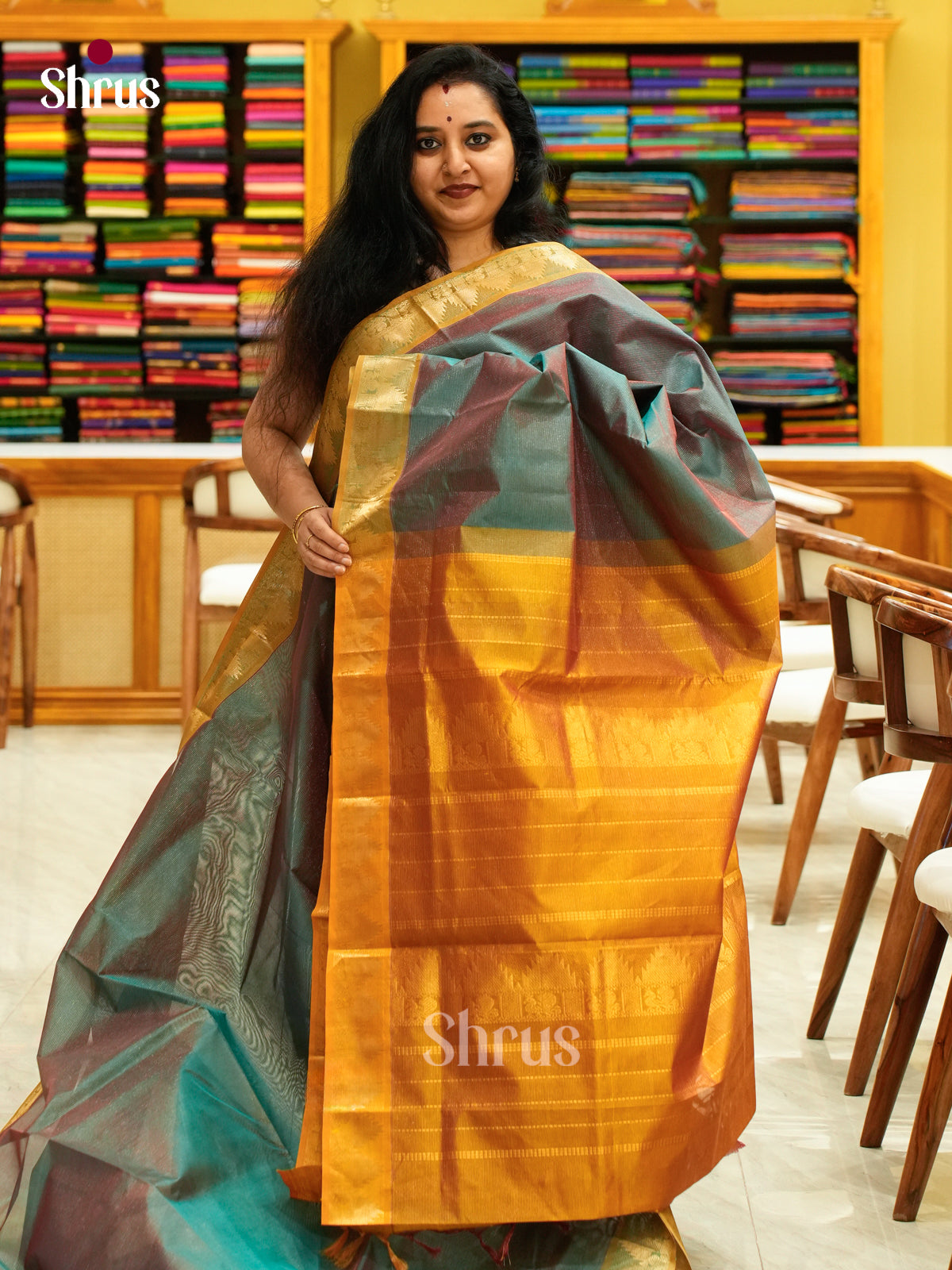 Dual Tone [Color] Silk Cotton Saree with Lines and Vaira oosi | Mustard Contrast Border