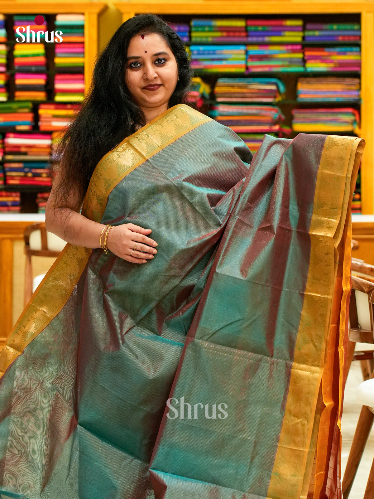Dual Tone [Color] Silk Cotton Saree with Lines and Vaira oosi | Mustard Contrast Border