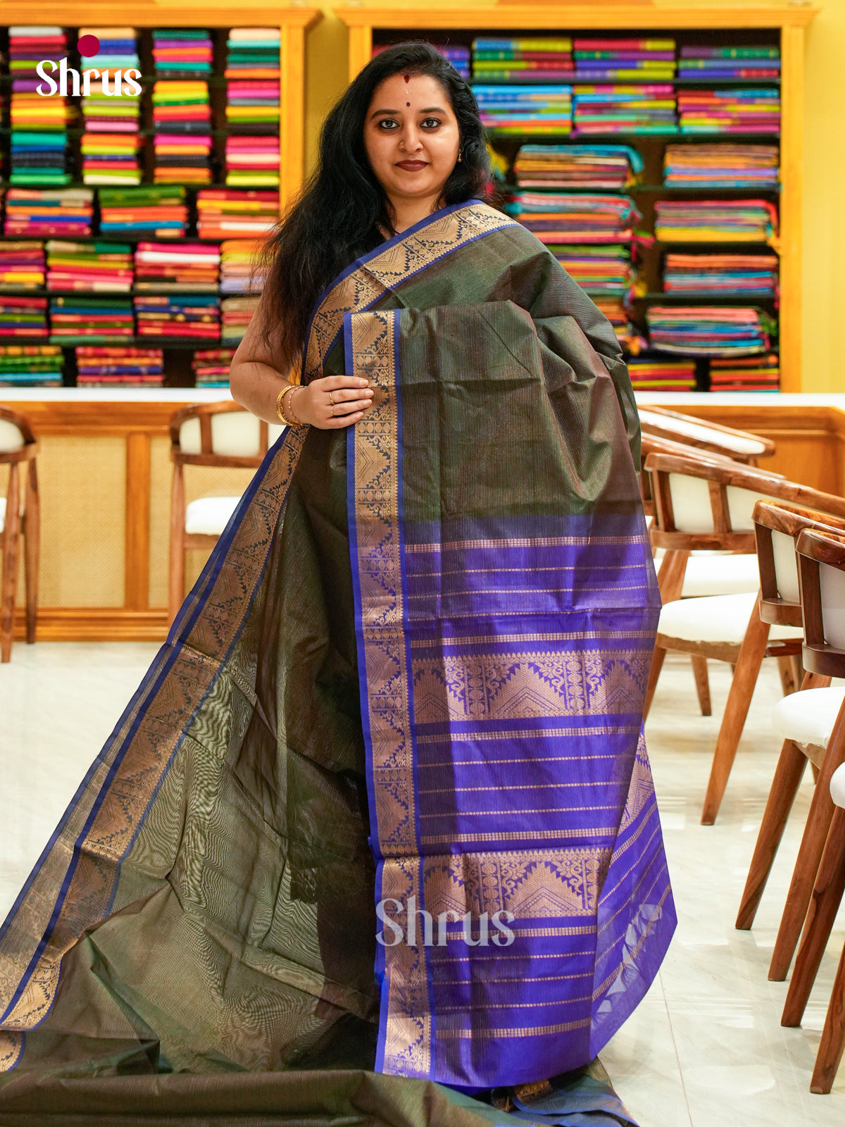 Bottle Green Silk Cotton Saree with Lines and Vaira Oosi | Royal Blue Contrast Border