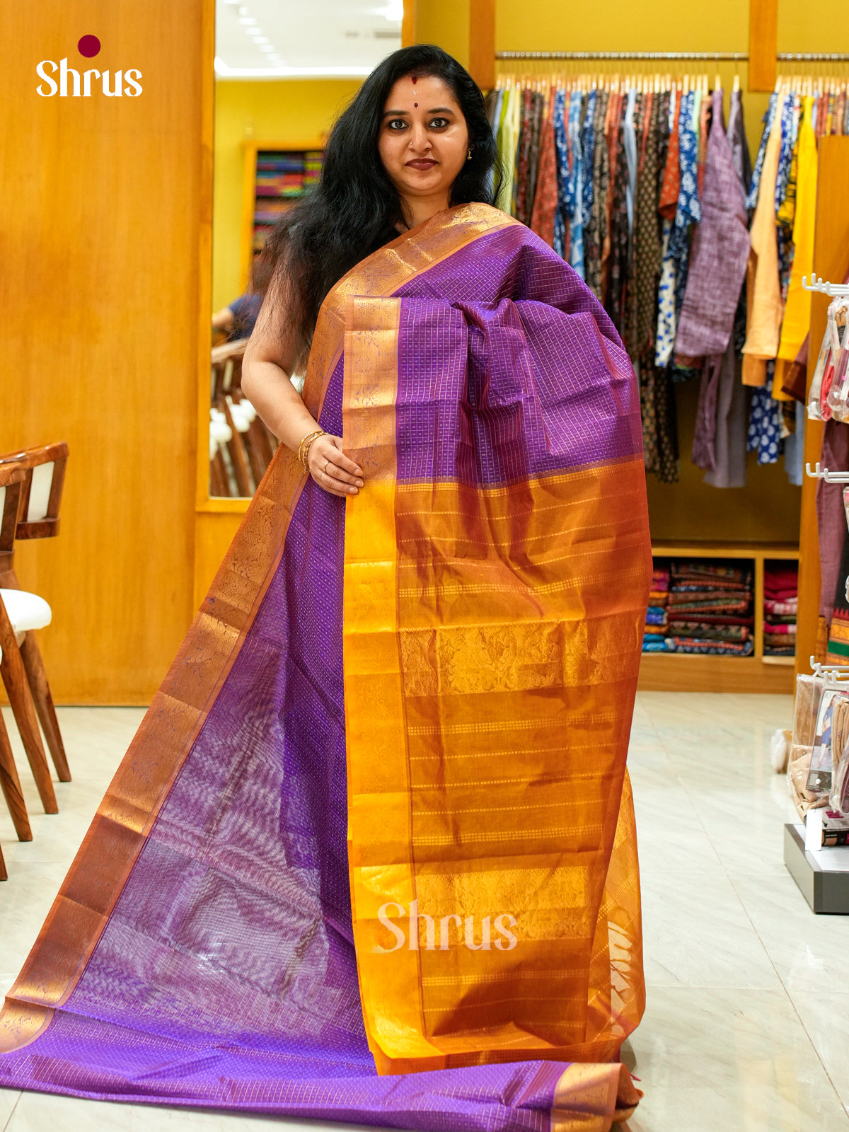 Violet Silk Cotton Saree with Checks and Thousand Buttas | Mustard Contrast Border