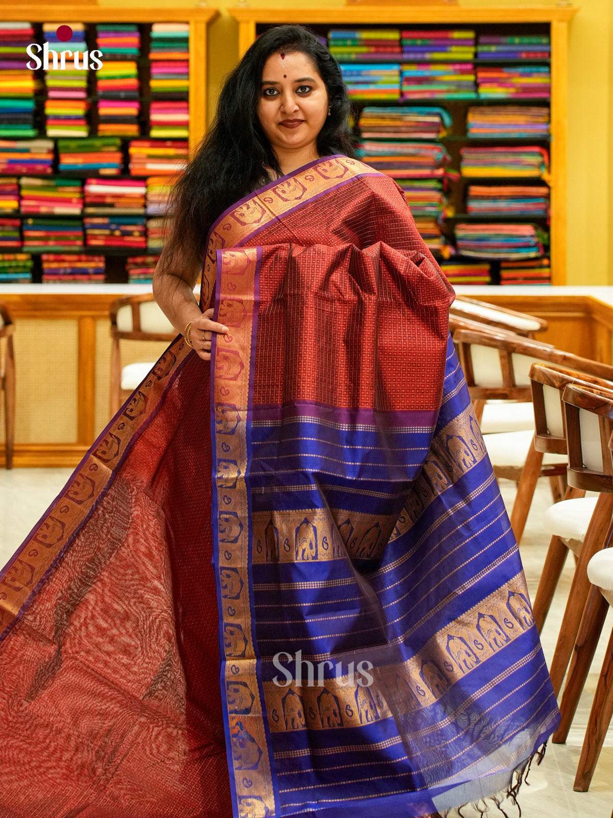 Maroon Silk Cotton Saree with Checks and Thousand Buttas | Blue Contrast Border