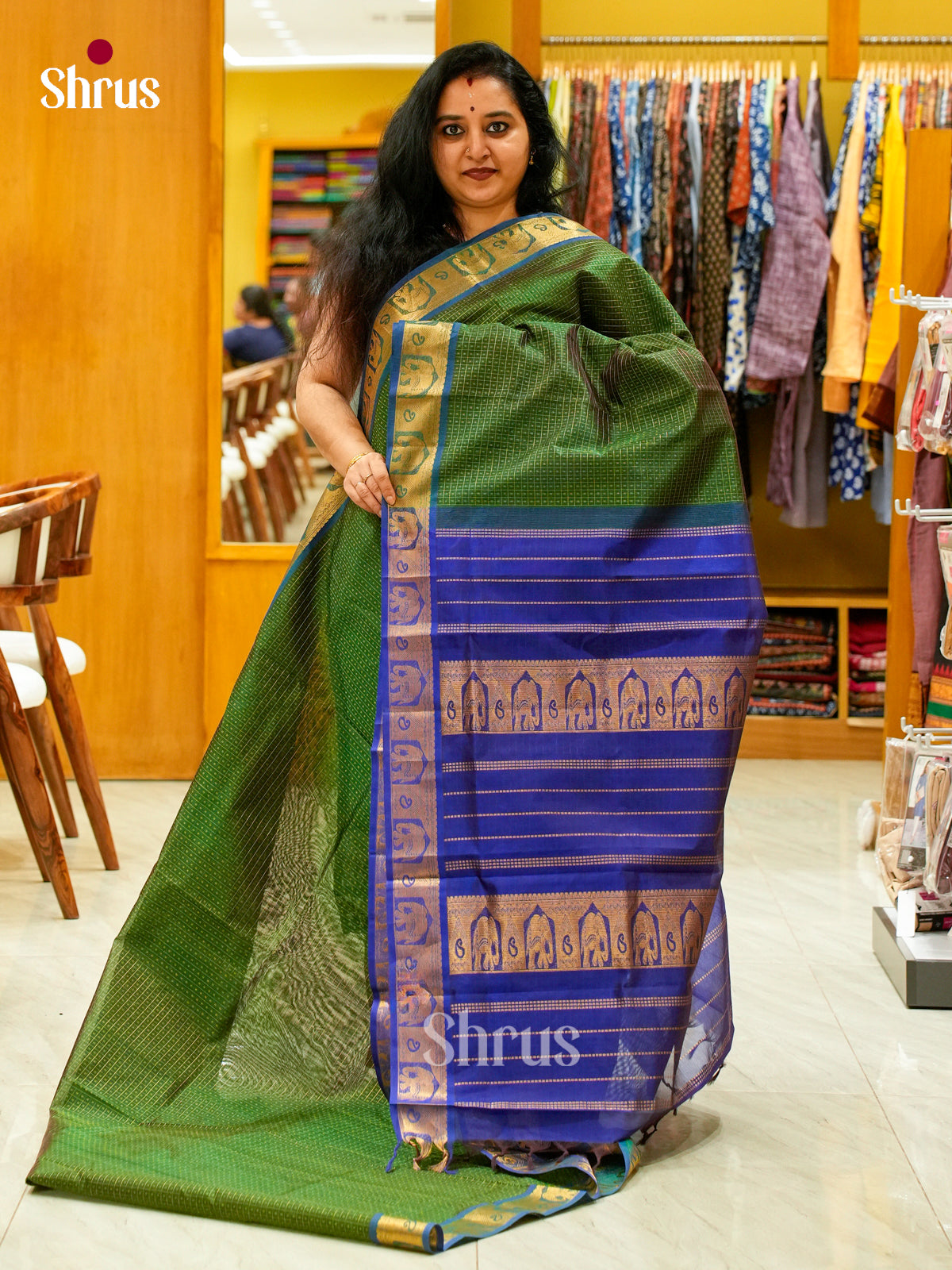Dark Green Silk Cotton Saree with Checks and Thousand Buttas | Royal Blue Contrast Border
