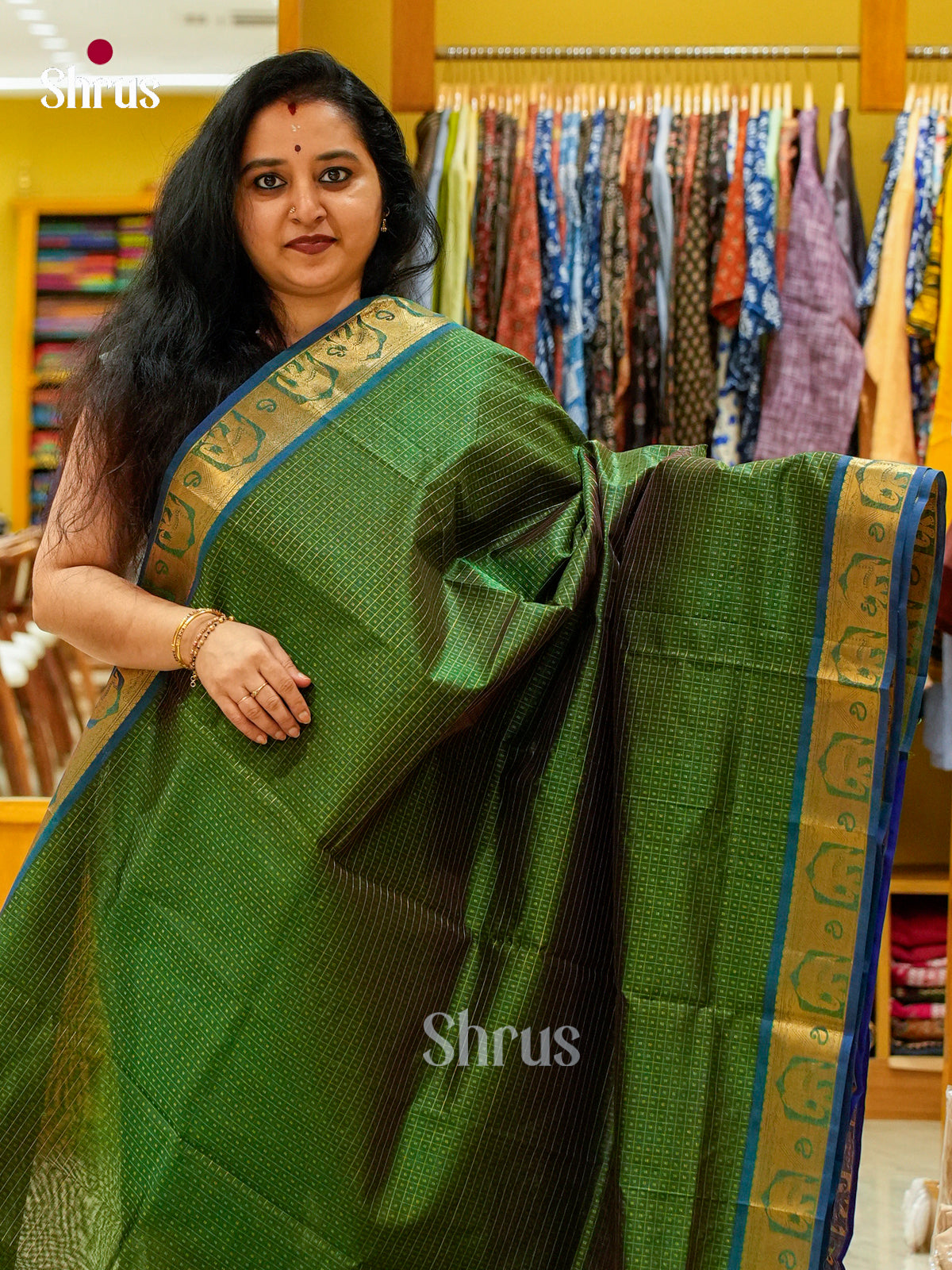 Dark Green Silk Cotton Saree with Checks and Thousand Buttas | Royal Blue Contrast Border