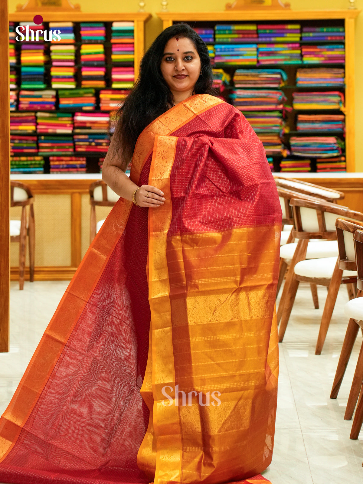 Red Silk Cotton Saree with Checks and Thousand Buttas | Mustard Contrast Border