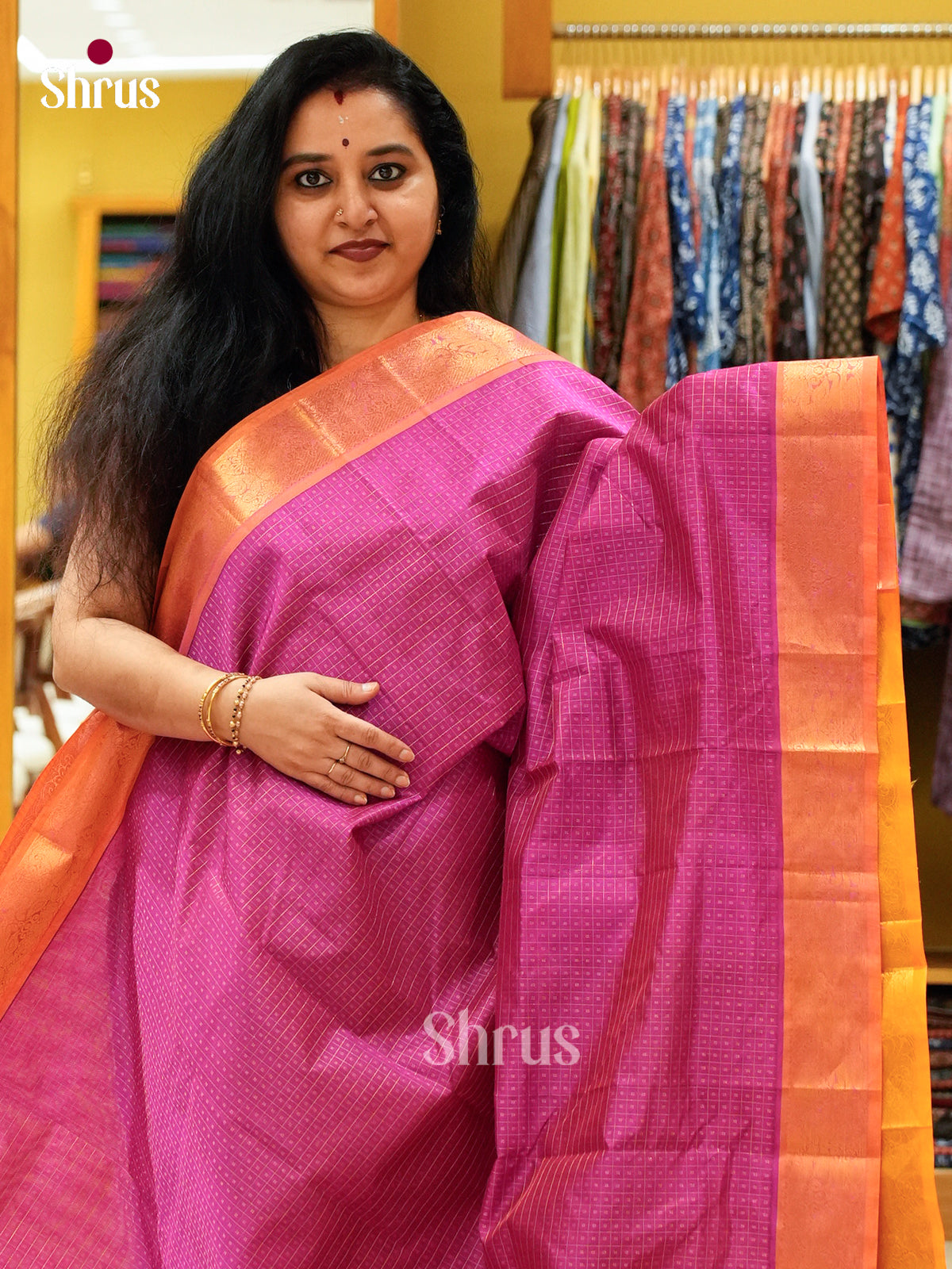 Pink Silk Cotton Saree with Checks and Thousand Buttas | Mustard Contrast Border