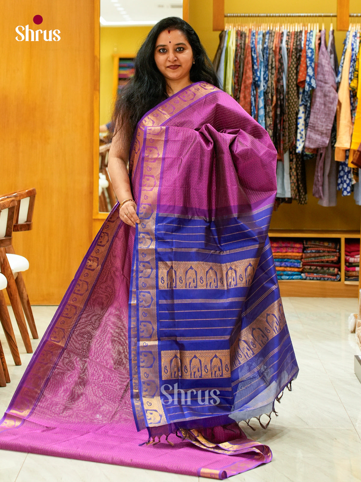 Pink Silk Cotton Saree with Checks and Thousand Buttas | Navy Blue Contrast Border