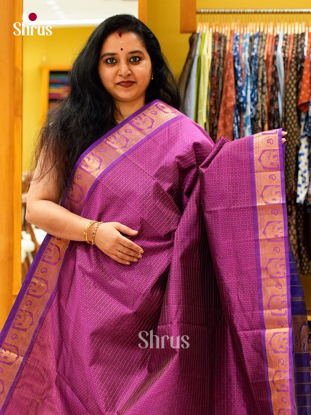 Pink Silk Cotton Saree with Checks and Thousand Buttas | Navy Blue Contrast Border