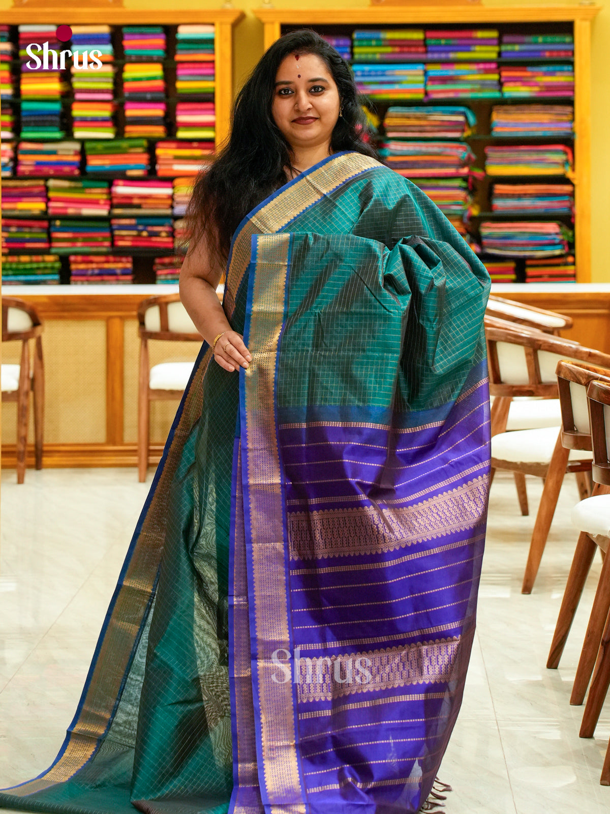 Bottle Green Silk Cotton Saree with Checks | Royal Blue Contrast Border