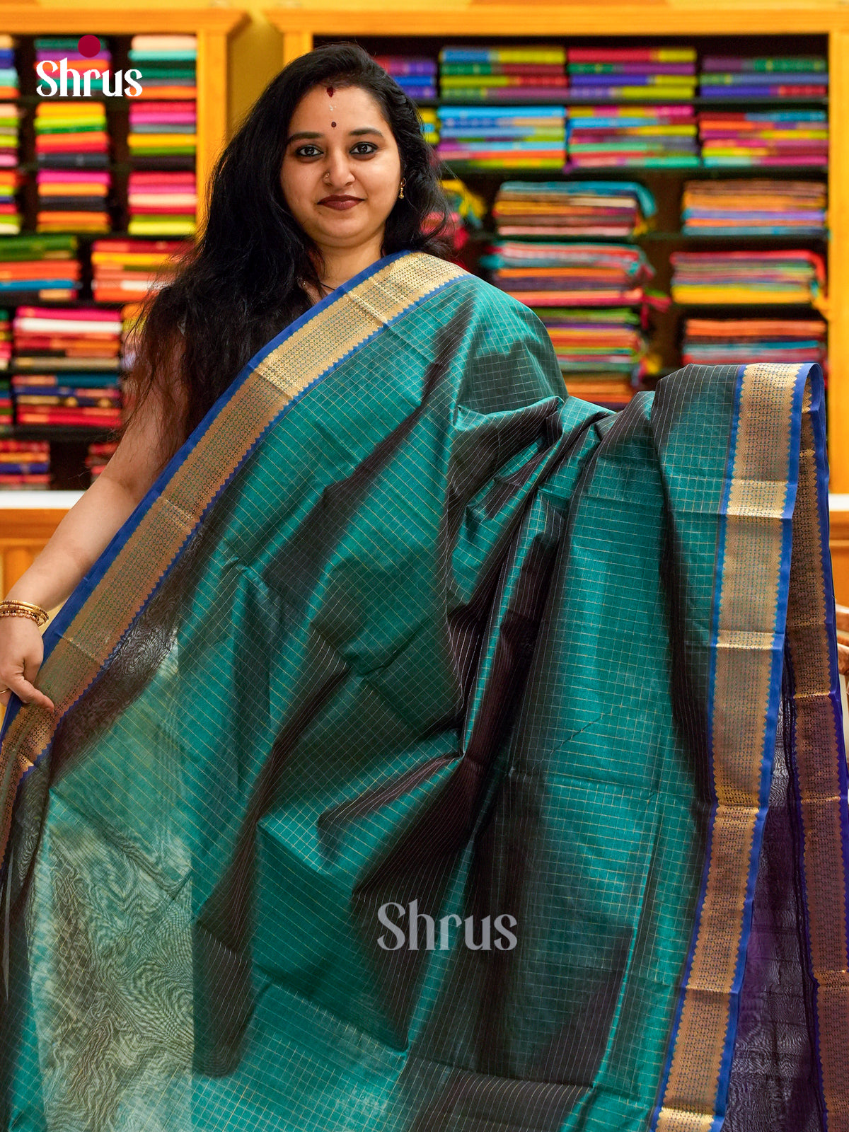 Bottle Green Silk Cotton Saree with Checks | Royal Blue Contrast Border